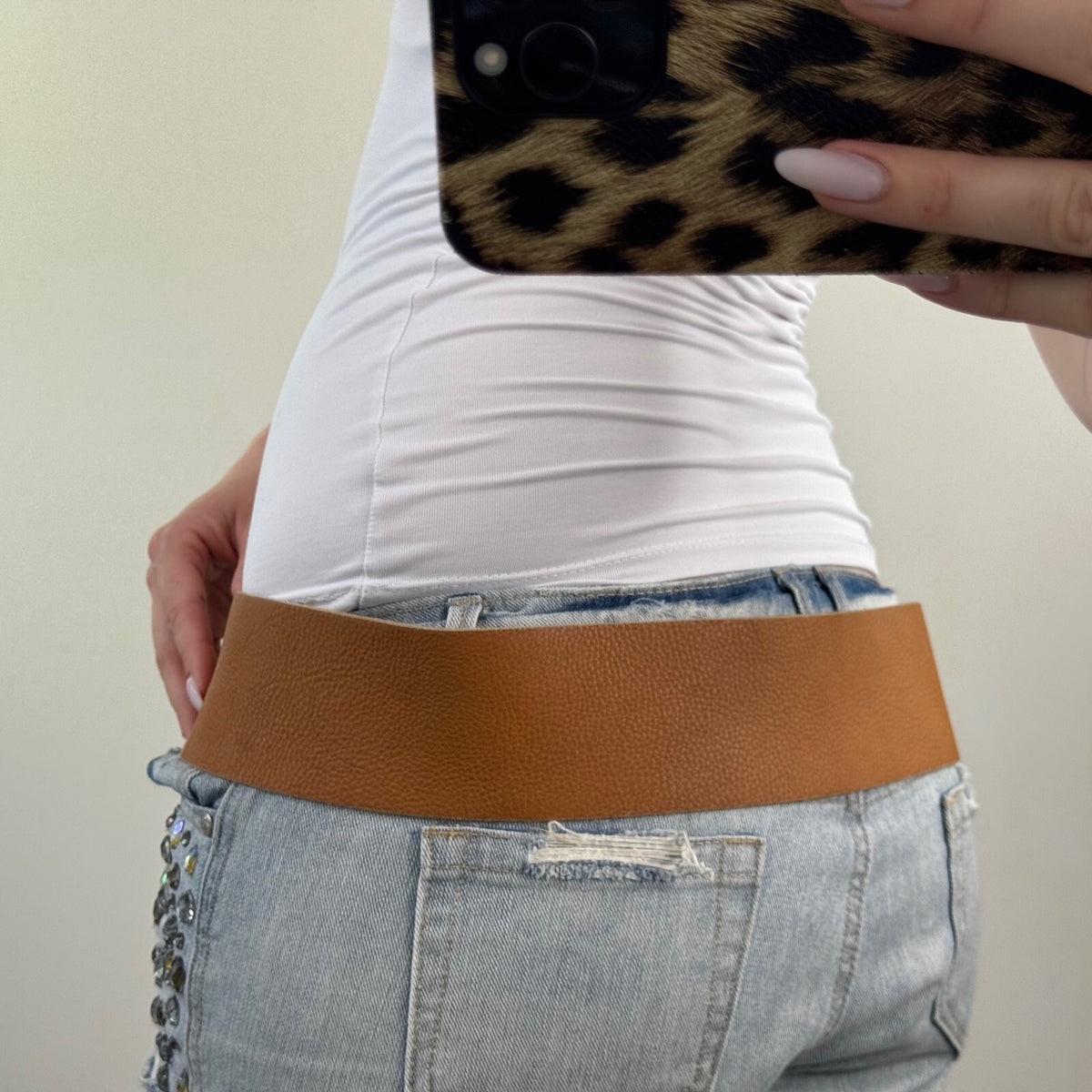 Y2K vintage 100% genuine leather belt oversized chunky grained textured tan