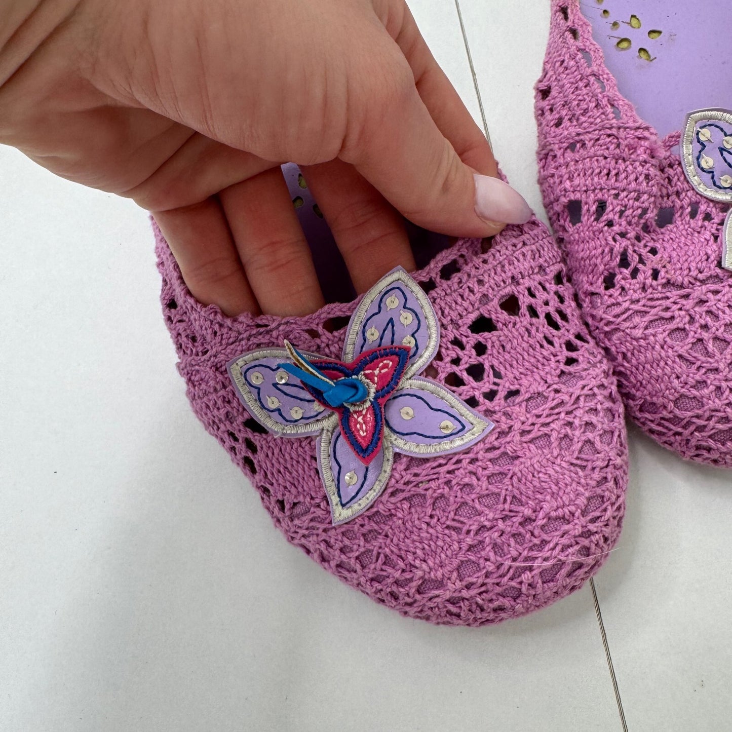 Y2K vintage Faith slip on sandals crochet butterfly lilac summer boho holiday