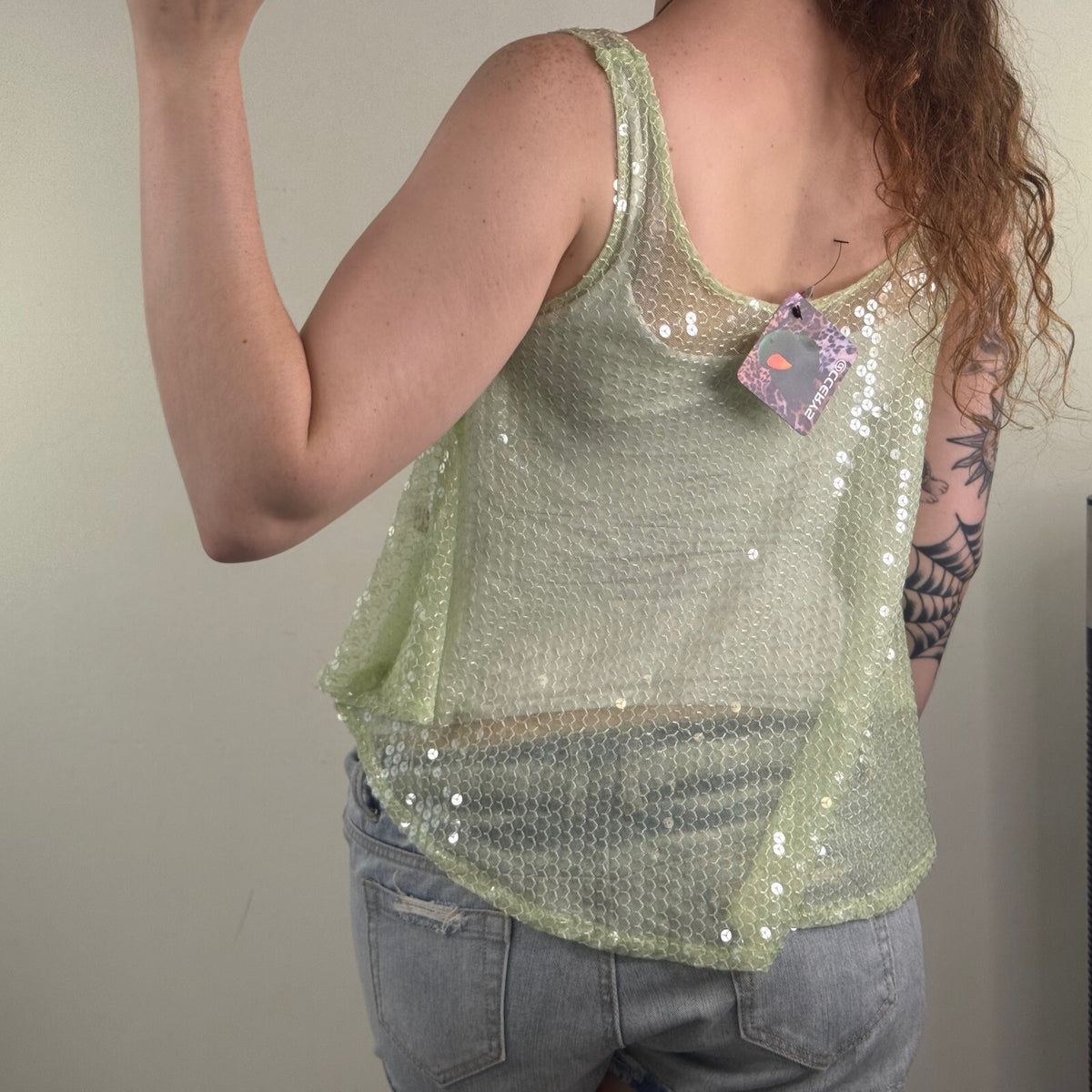 Y2K vintage tank top sequin embellished sheer light green asymmetrical