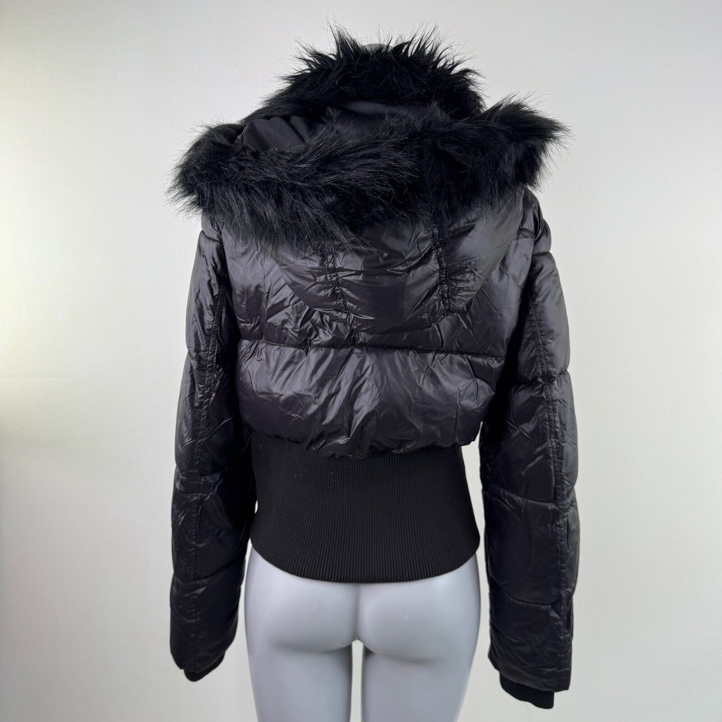 Vintage asymmetrical zip up bomber jacket faux fur trim mcbling cinch fitted