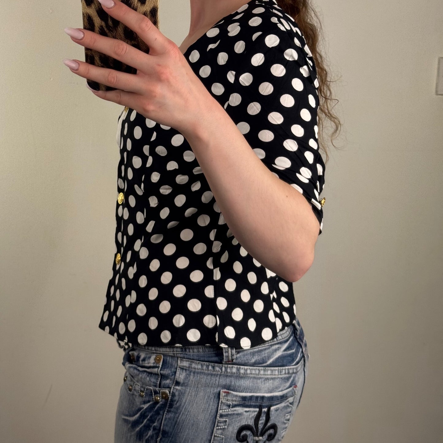Vintage 80s blouse shoulder pads 3/4 sleeve polka dot shirt buttons tailored