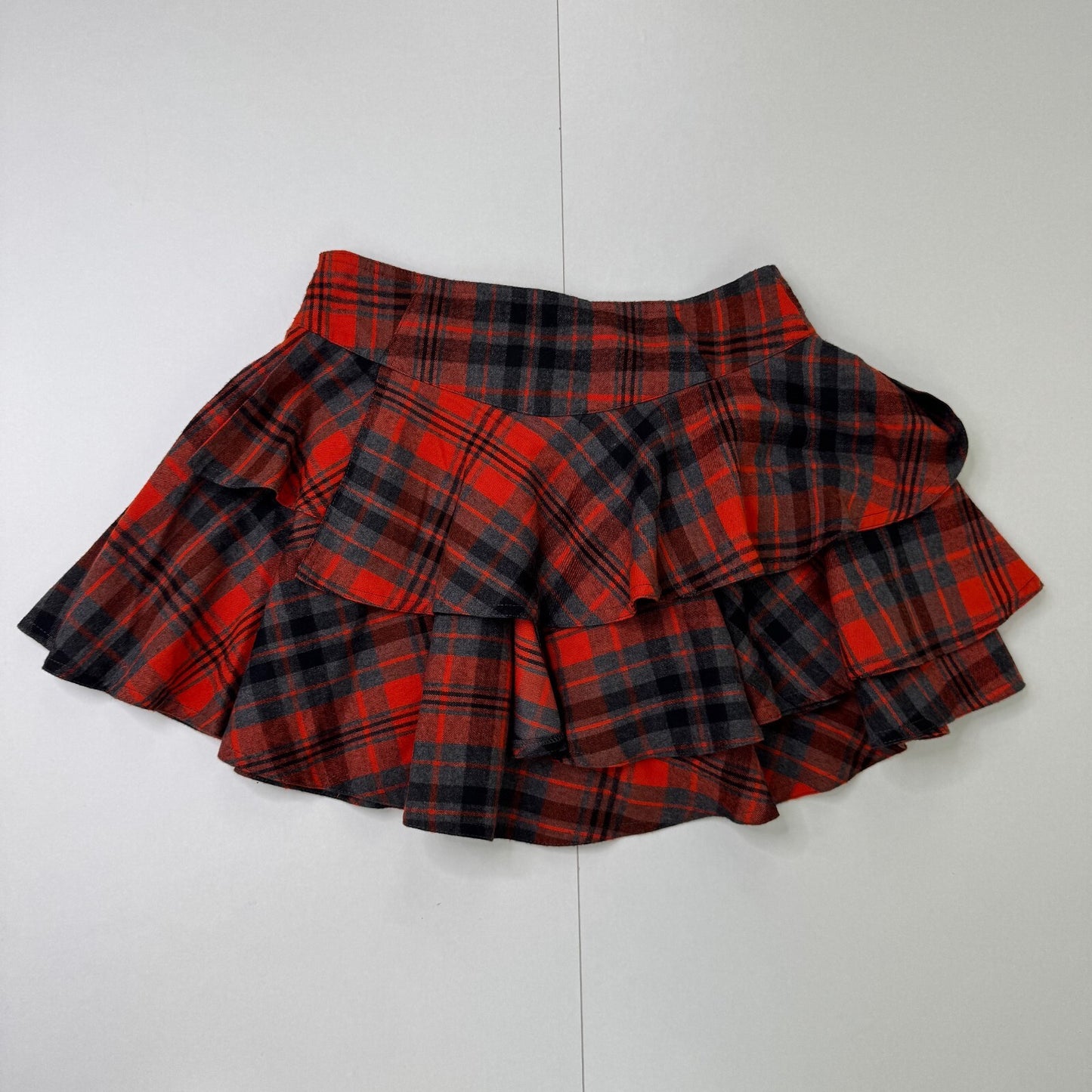 Y2K vintage mini skirt tartan frilly layered faux leather buckle grey orange