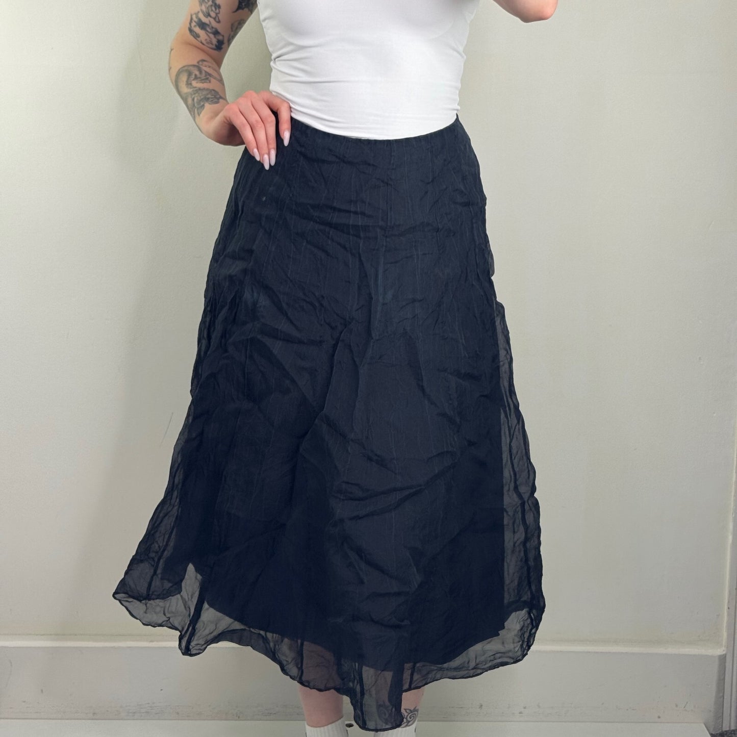 Y2K vintage 100% silk maxi skirt a line double layer black crinkle