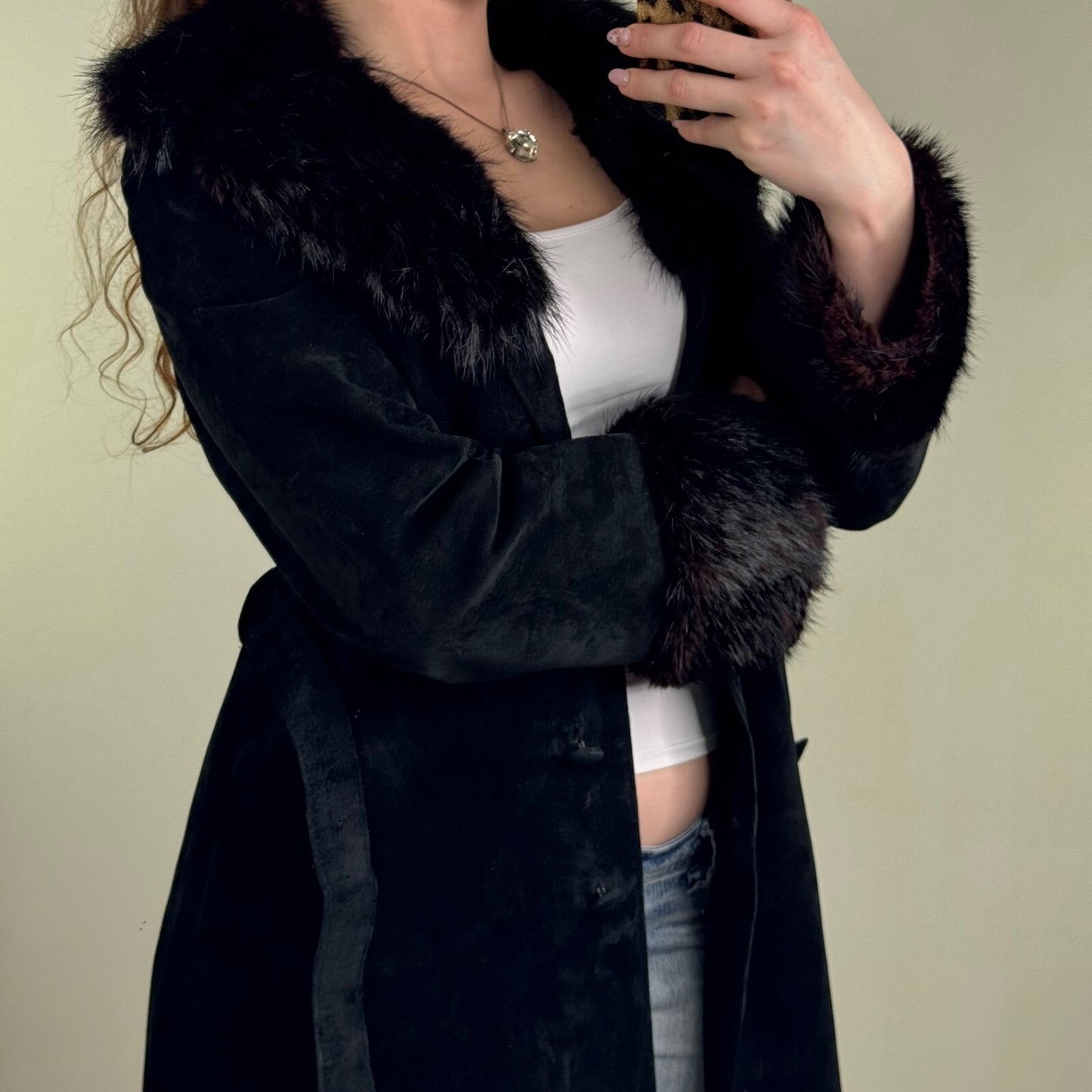 Vintage genuine fur / suede trench coat with belt button up lined classic midi