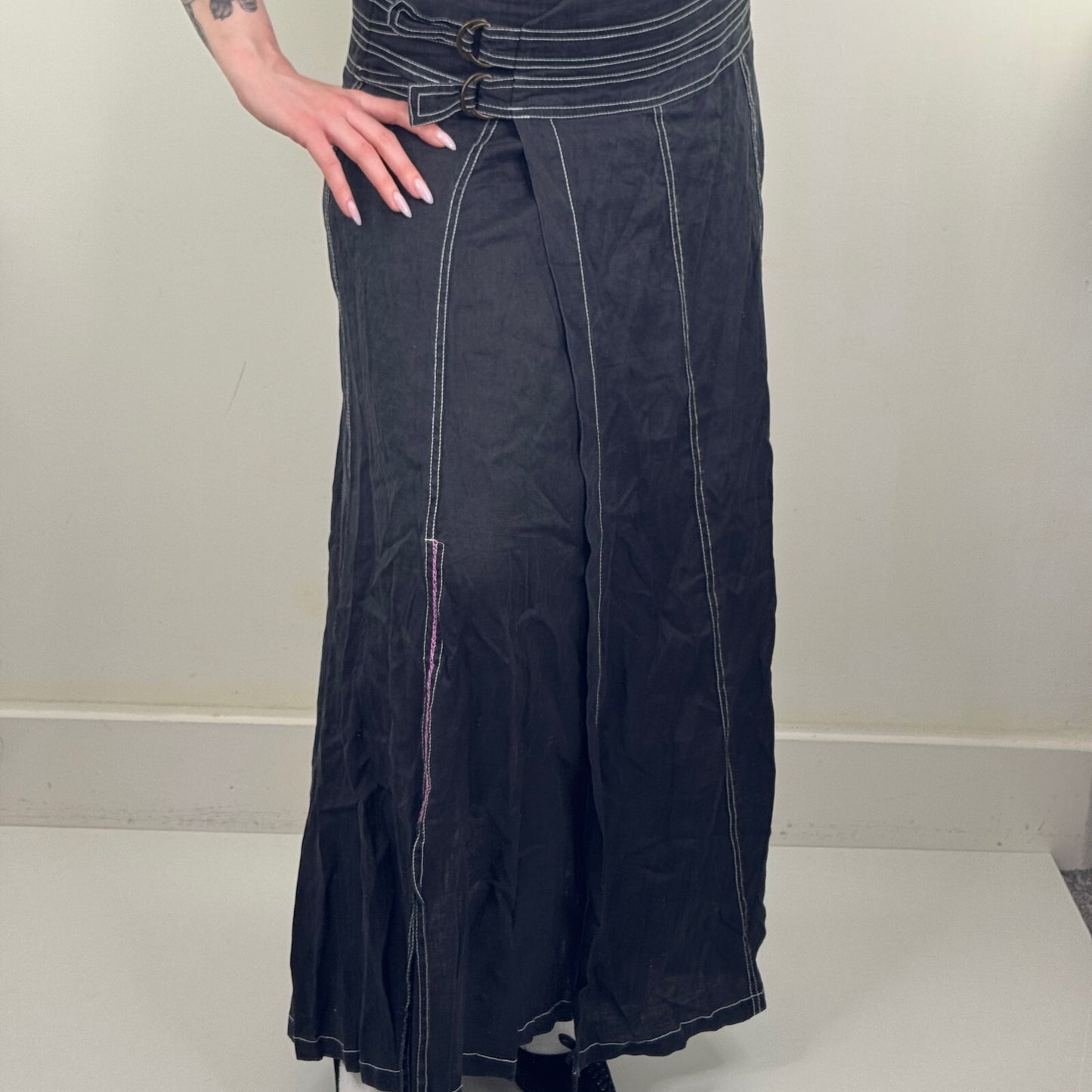 Y2K vintage 100% linen maxi skirt a line archive contrast stitch buckle