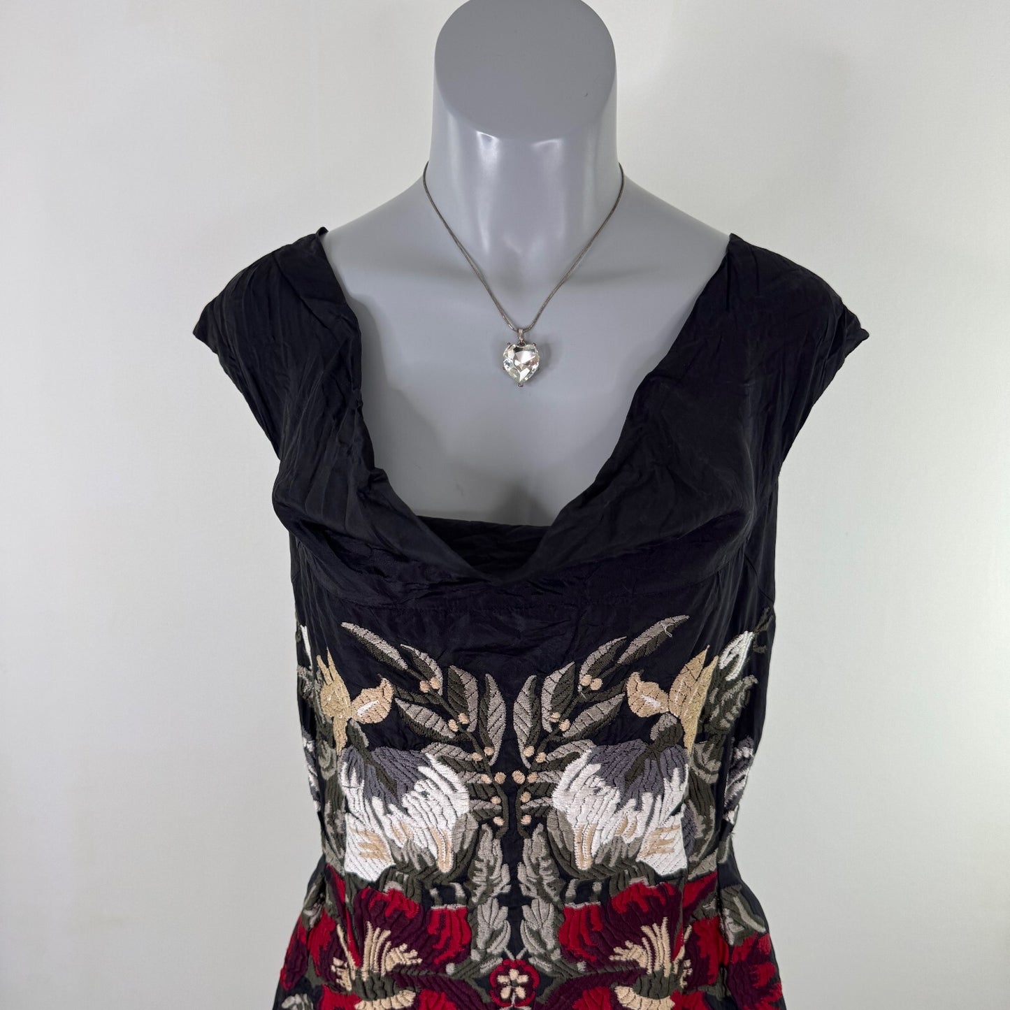 Vintage Nicole Farhi 100% silk midi dress embroidered floral cowl neckline