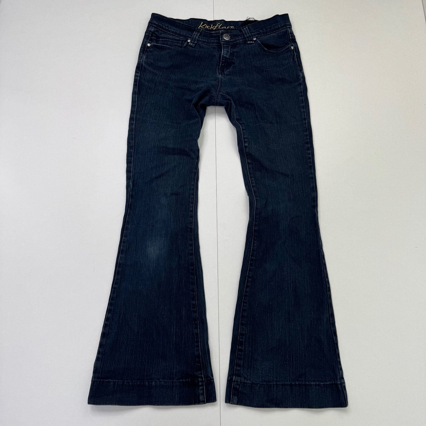 Y2K vintage bootcut denim jeans low rise stretchy dark blue wash flare