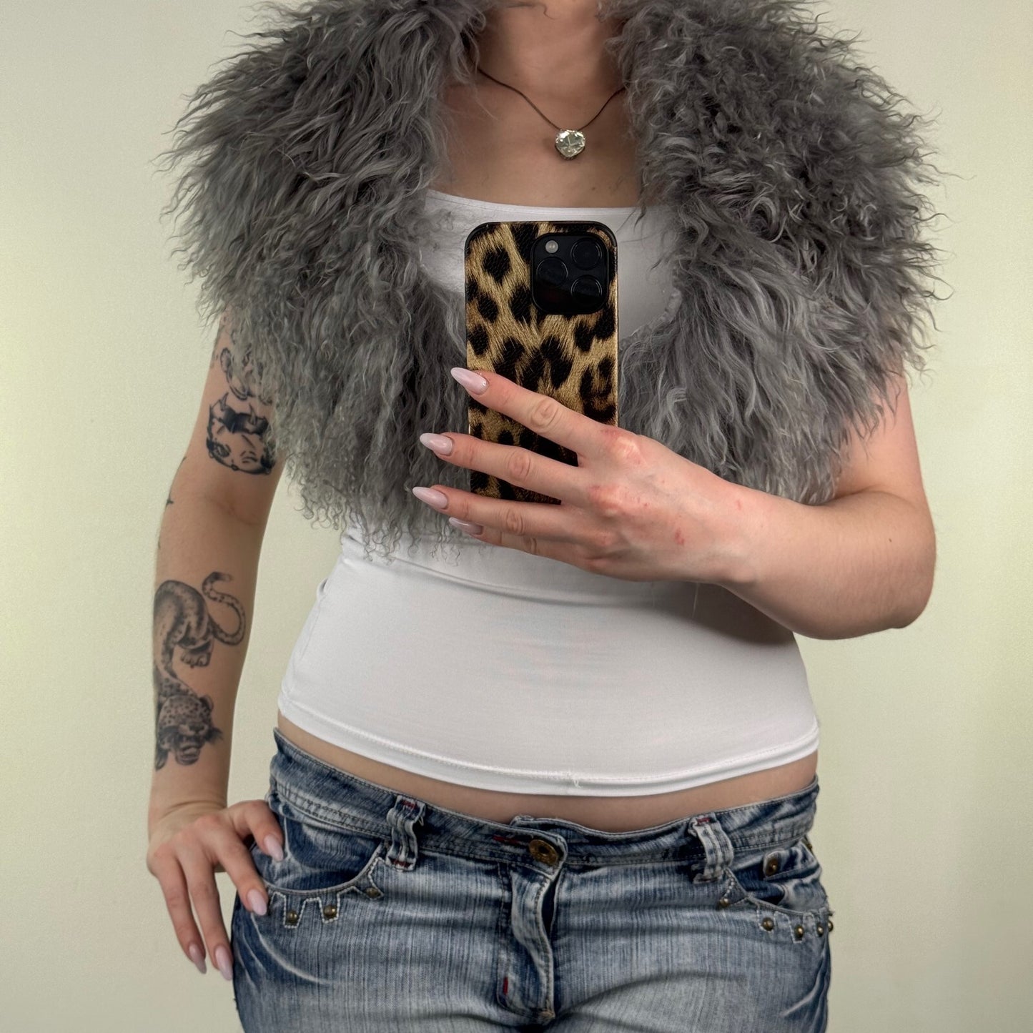 Vintage mongolian fur scarf shawl grey wool