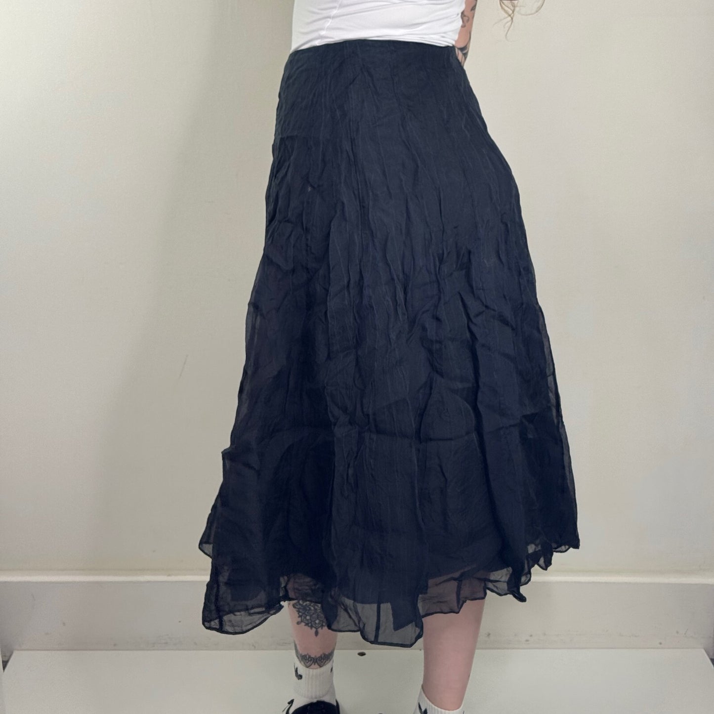 Y2K vintage 100% silk maxi skirt a line double layer black crinkle