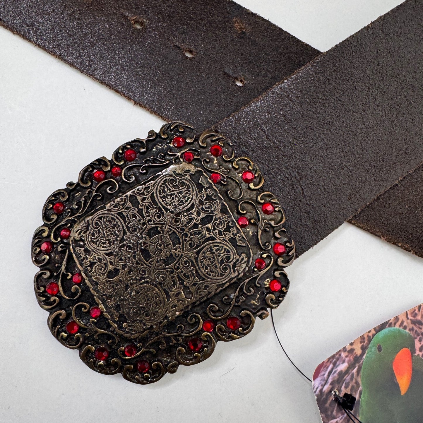 Y2K vintage genuine leather belt chunky rhinestone buckle red brown boho