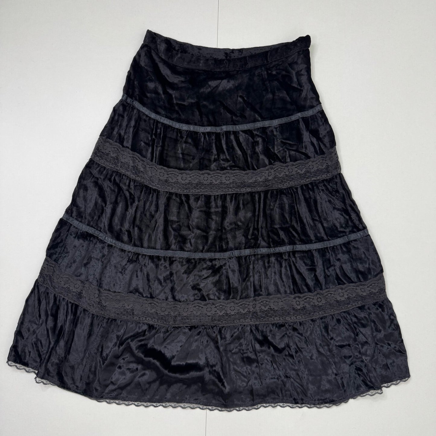 Y2K vintage maxi skirt velvet boho a line lace trim tiered black coquette