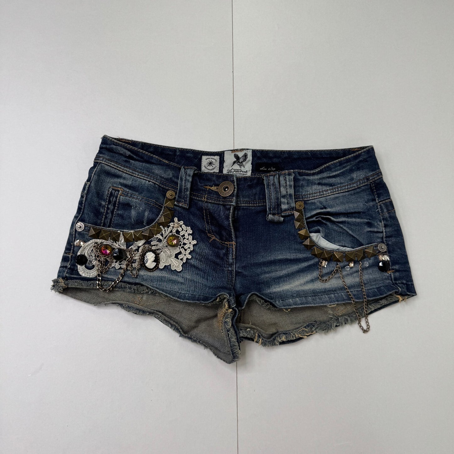 Vintage denim mini shorts super low rise stud embellished lace chain stretchy