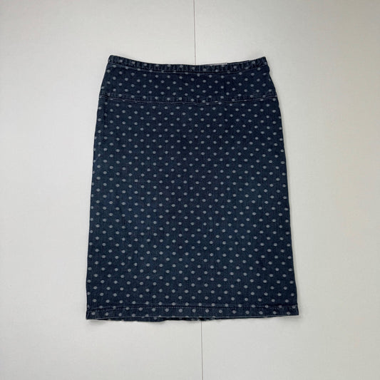 Y2K vintage Per Una midi skirt polka dot stretchy denim mid blue wash spots