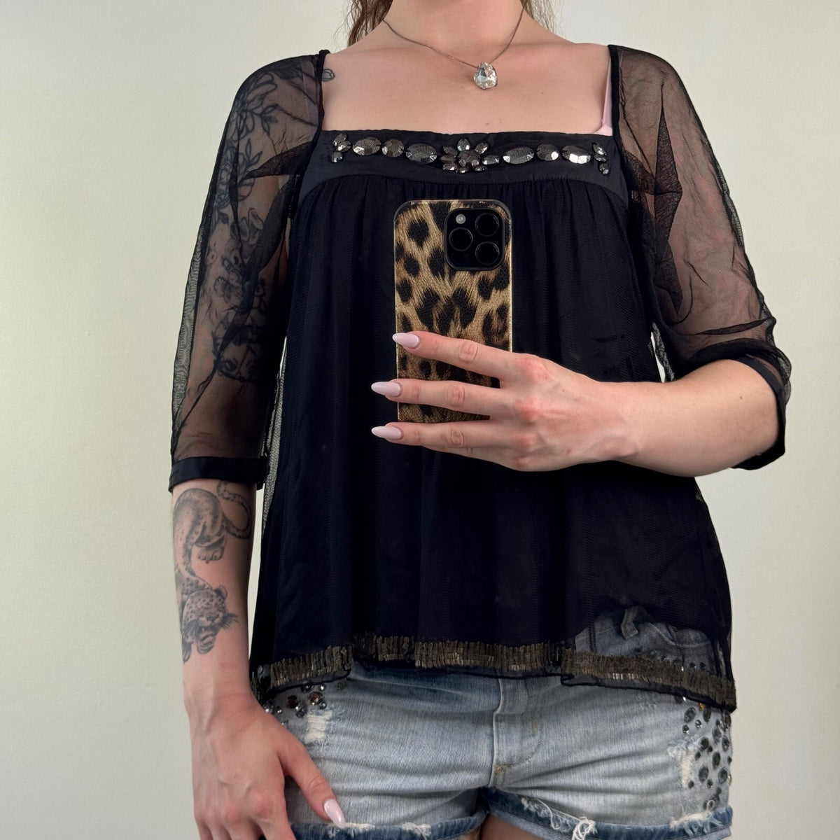 Y2K vintage silk blouse mesh 3/4 sleeve embellished boho layered square neck