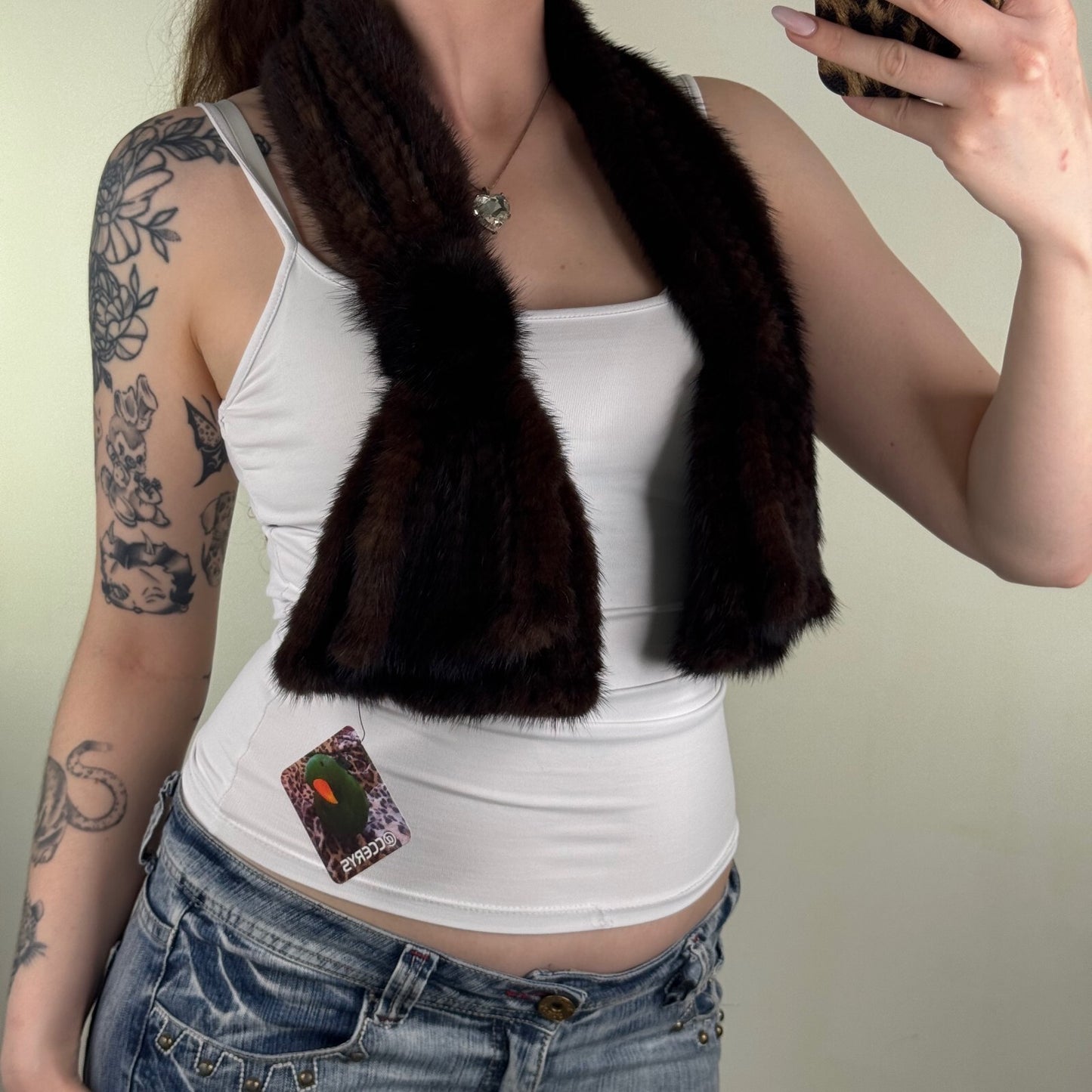 Vintage genuine mink fur scarf dark brown short length