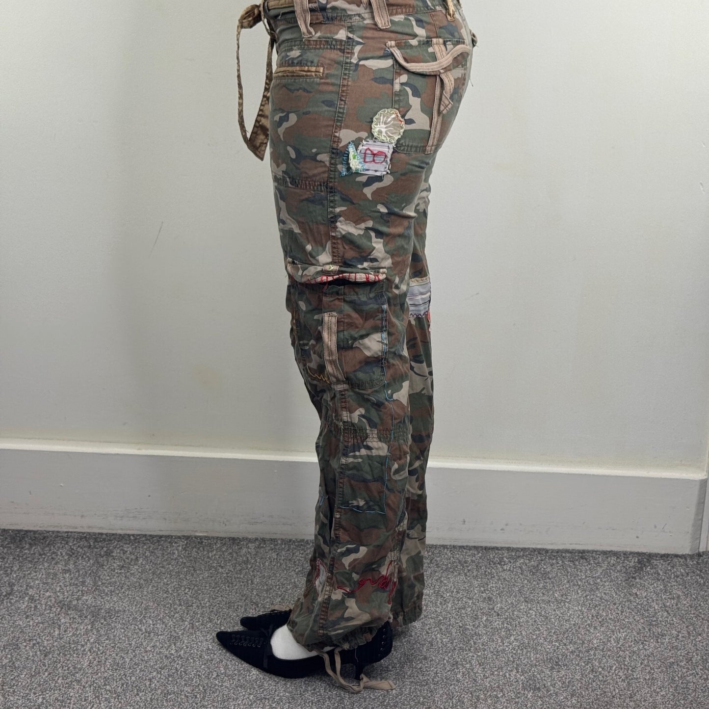 Y2K vintage Punkyfish cargo trousers baggy embroidered low rise camo patchwork