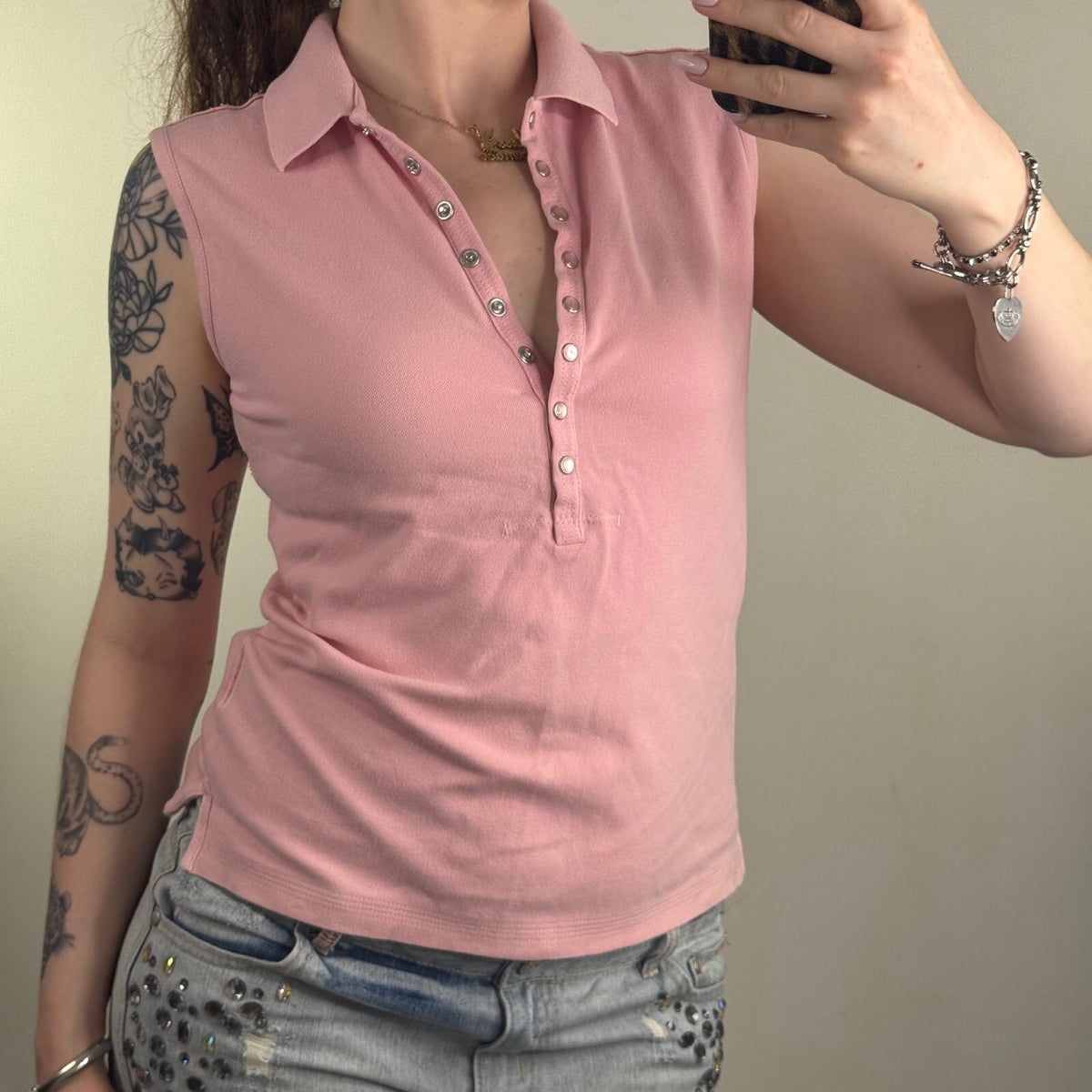 Y2K vintage Timberland polo top henley sleeveless tank collar pale pink