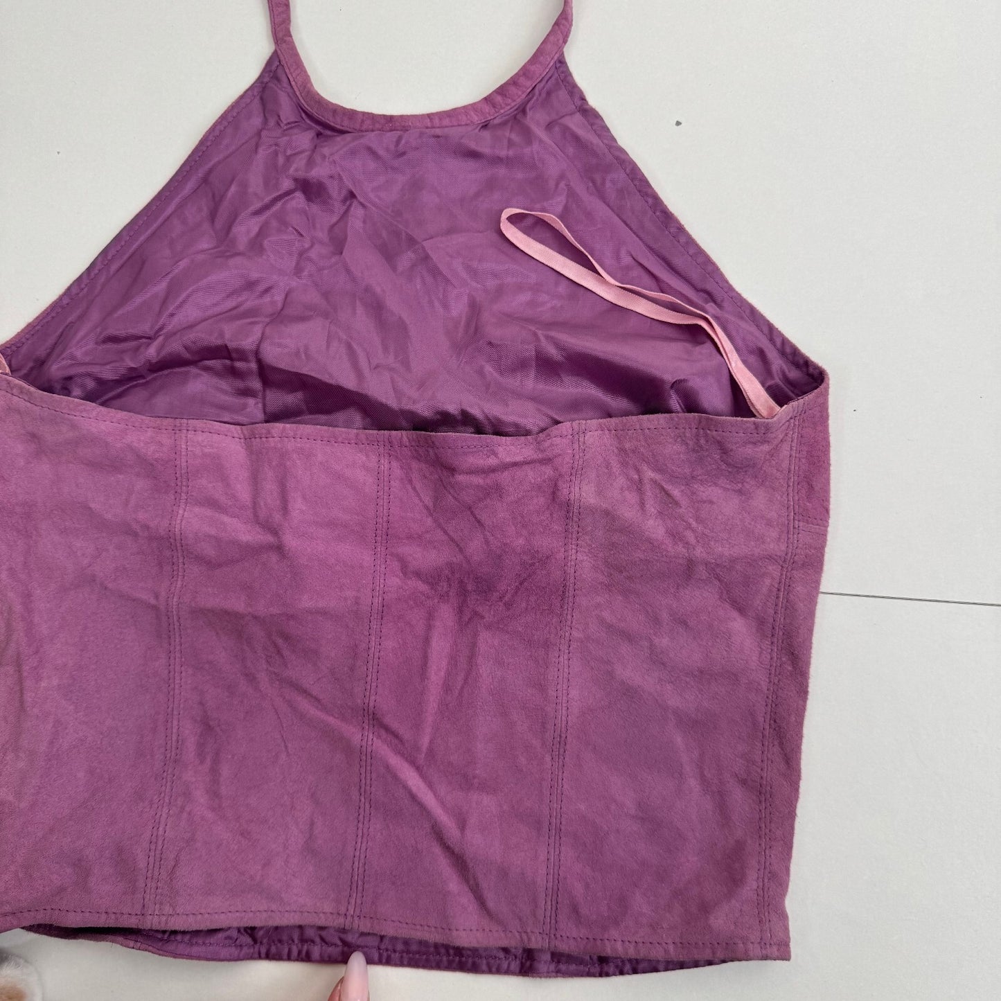 Y2K vintage suede top halter high neck purple crop tie bow festival summer