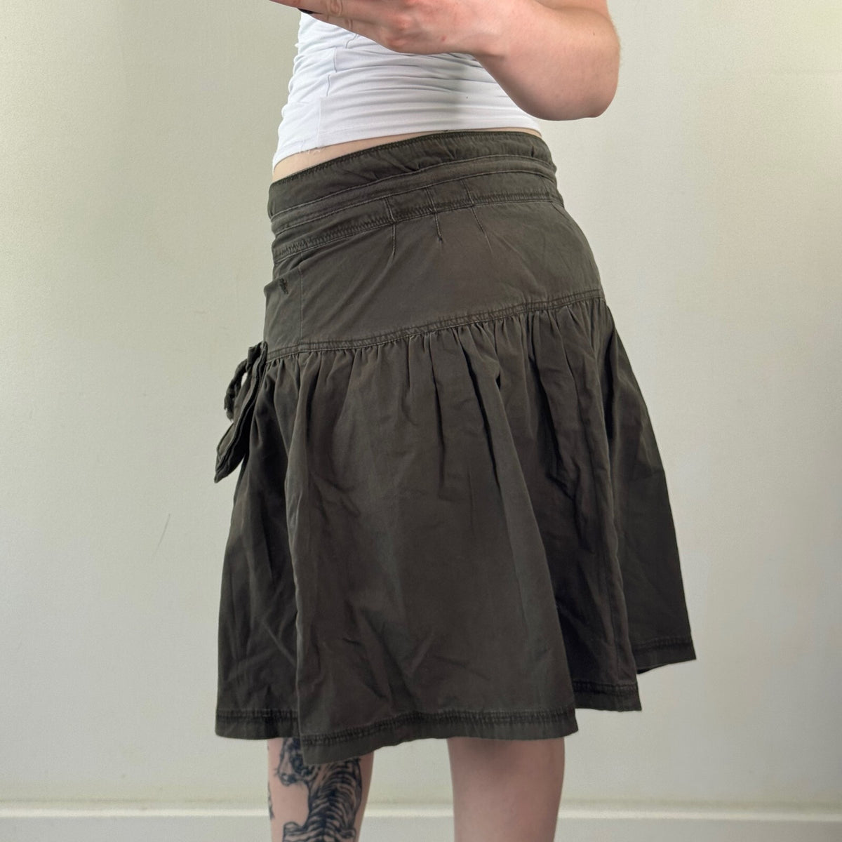 Y2K vintage midi skirt cargo a line pockets bow drawstring khaki utility