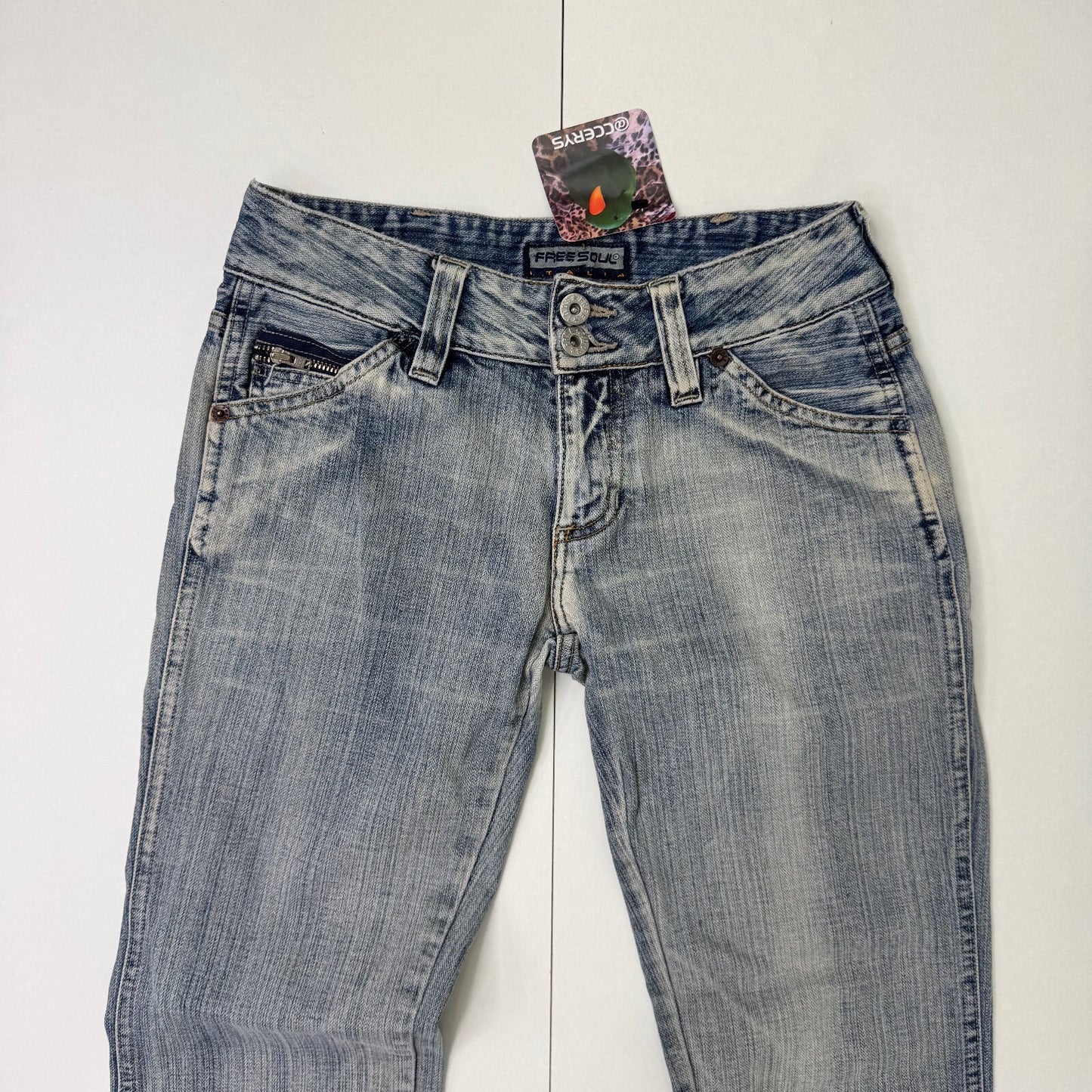Y2K vintage low rise bootcut denim jeans faded distressed stripe wash