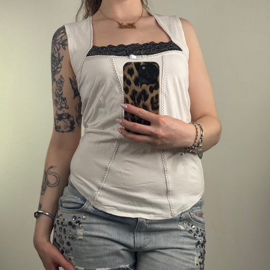 Y2K vintage tank top lace trim contrast stitch fitted stretchy square neck bow