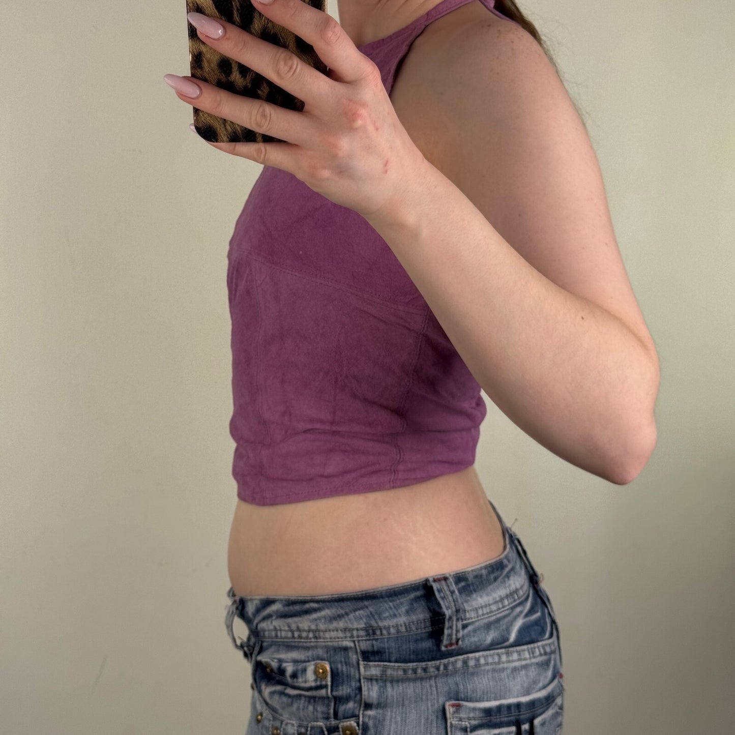 Y2K vintage suede top halter high neck purple crop tie bow festival summer