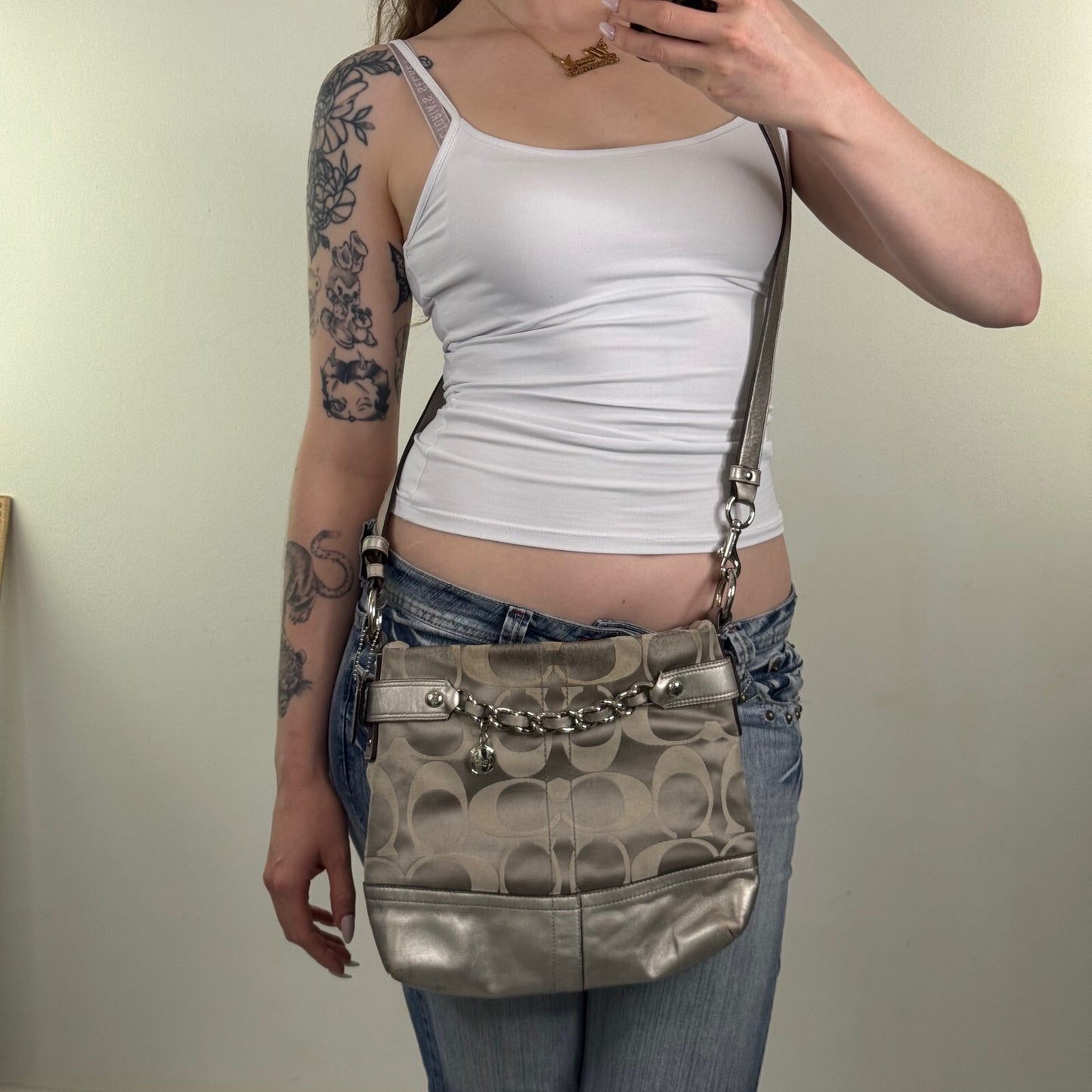 Vintage Coach Monogram Canvas Leather Metallic Crossbody Bag Chain Strap Zip