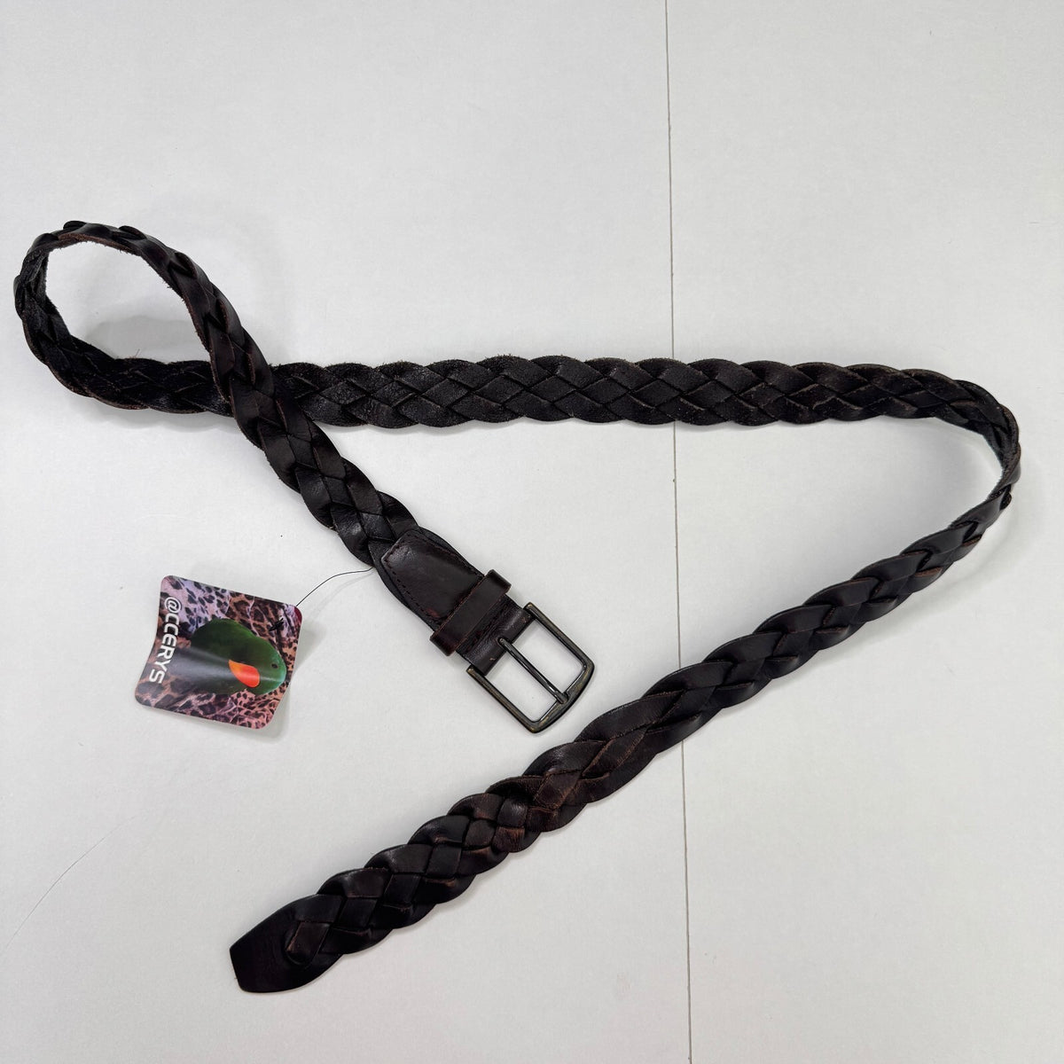 Y2K vintage genuine leather belt braided woven dark brown unisex