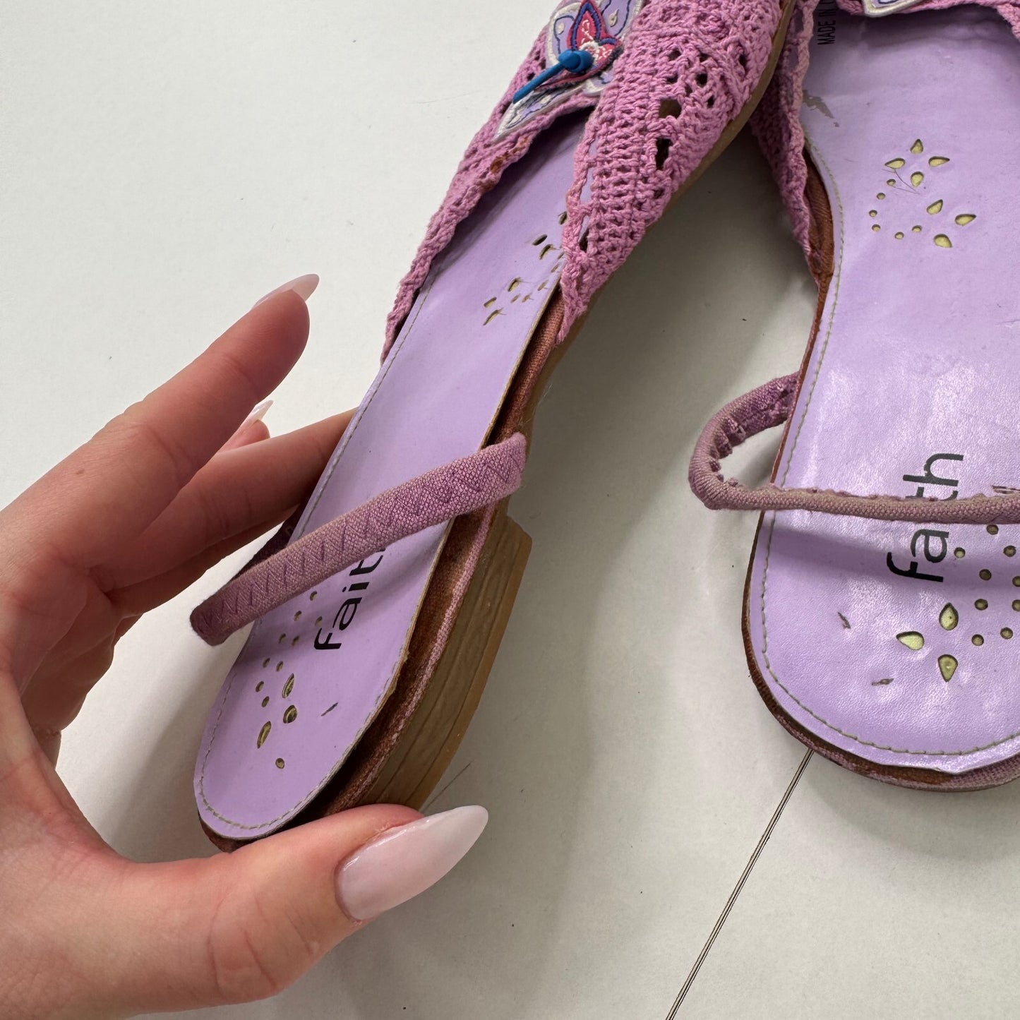 Y2K vintage Faith slip on sandals crochet butterfly lilac summer boho holiday