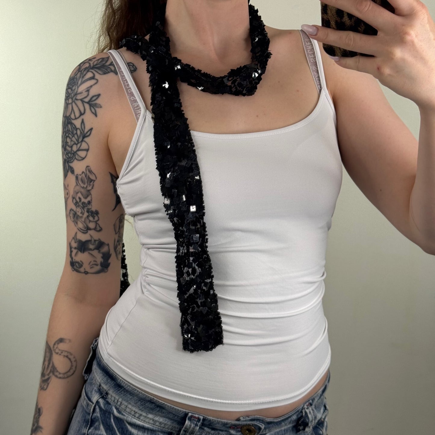 Y2K vintage scarf sequin skinny thin beaded mesh