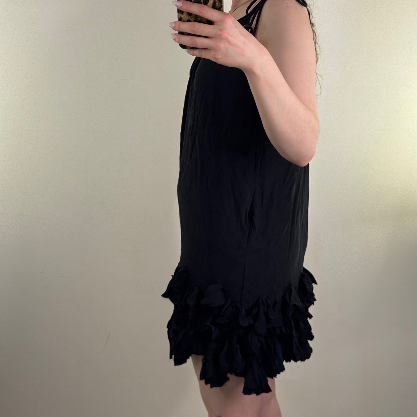 Y2K vintage Jaeger 100% silk midi dress ruffle bead straps bow frilly pockets