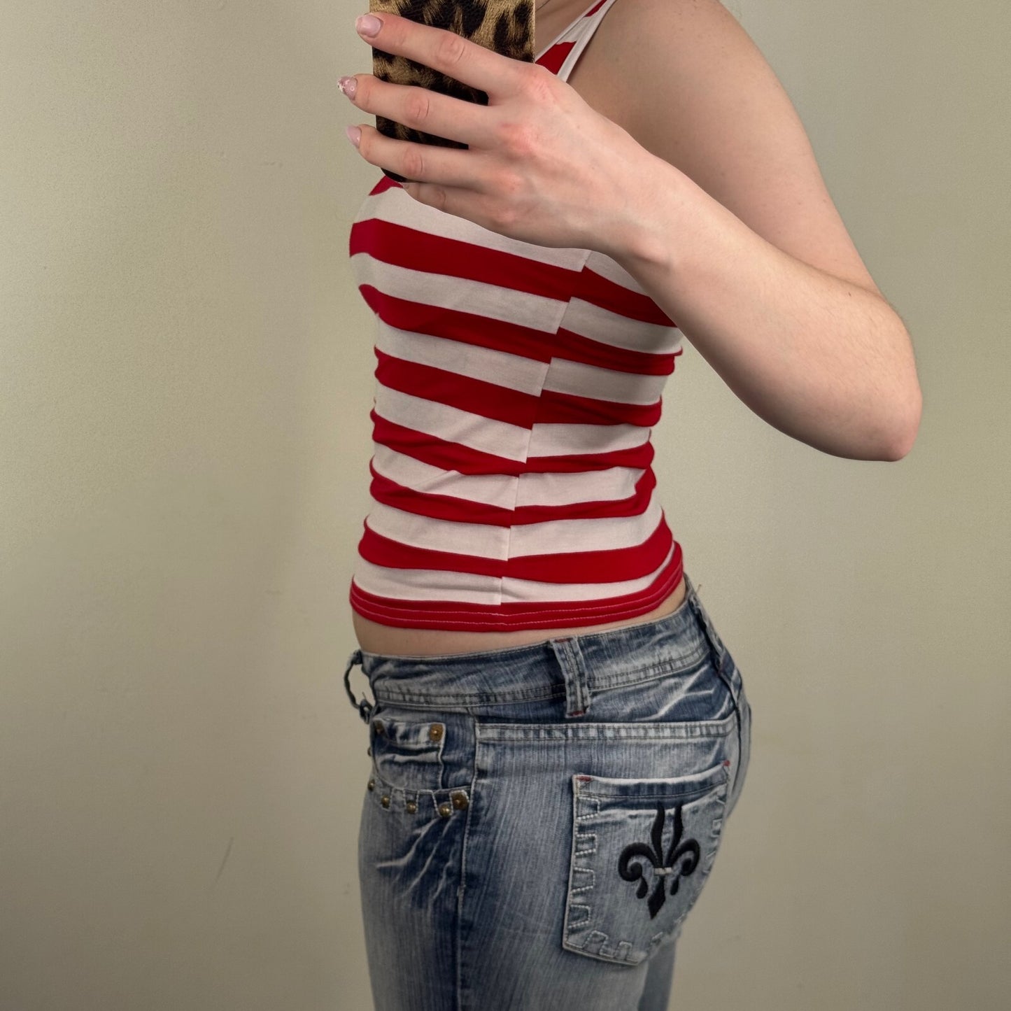Y2K vintage tank top stripe fitted white red round neck