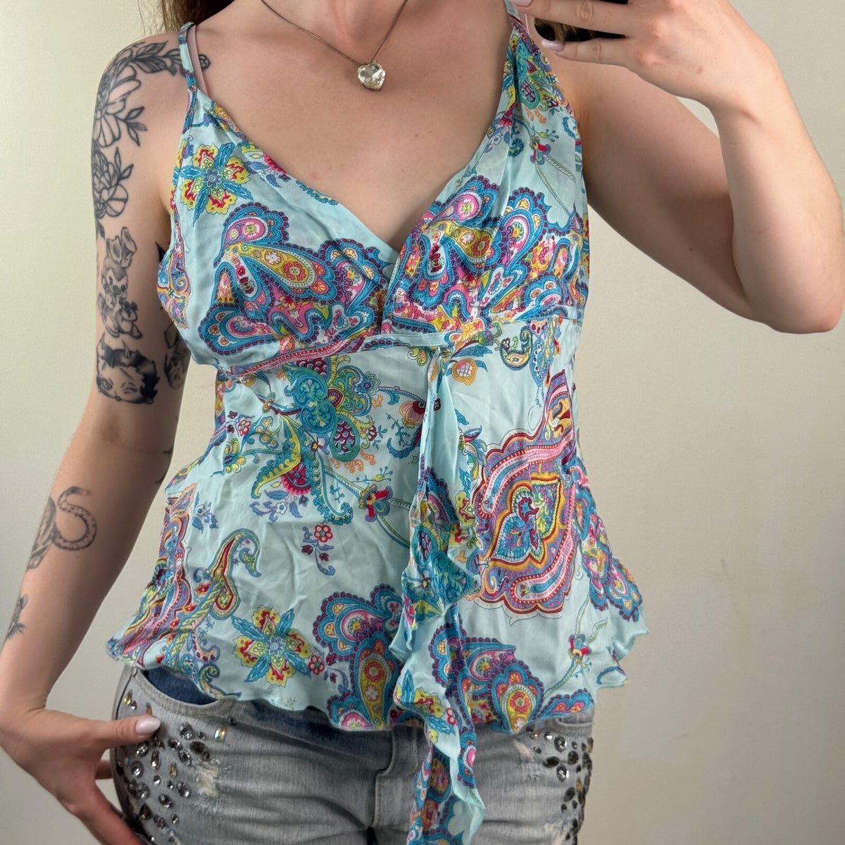 Y2K vintage paisley cami top ruffle multi light blue print v neck turquoise