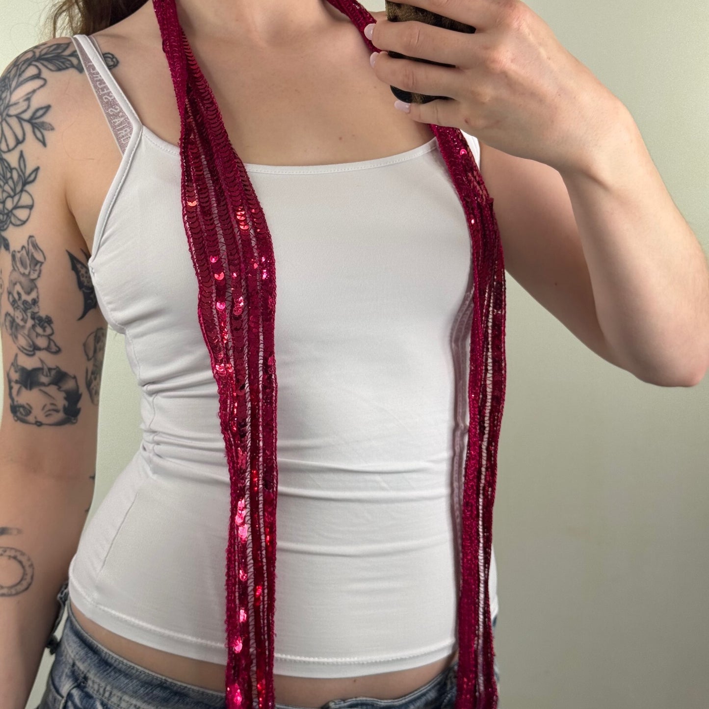Y2K vintage sequin skinny scarf thin sheer