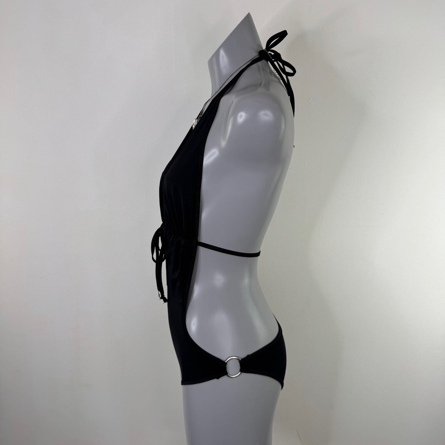 Y2K vintage monokini low rise cut out swimsuit halter neck o ring string bow