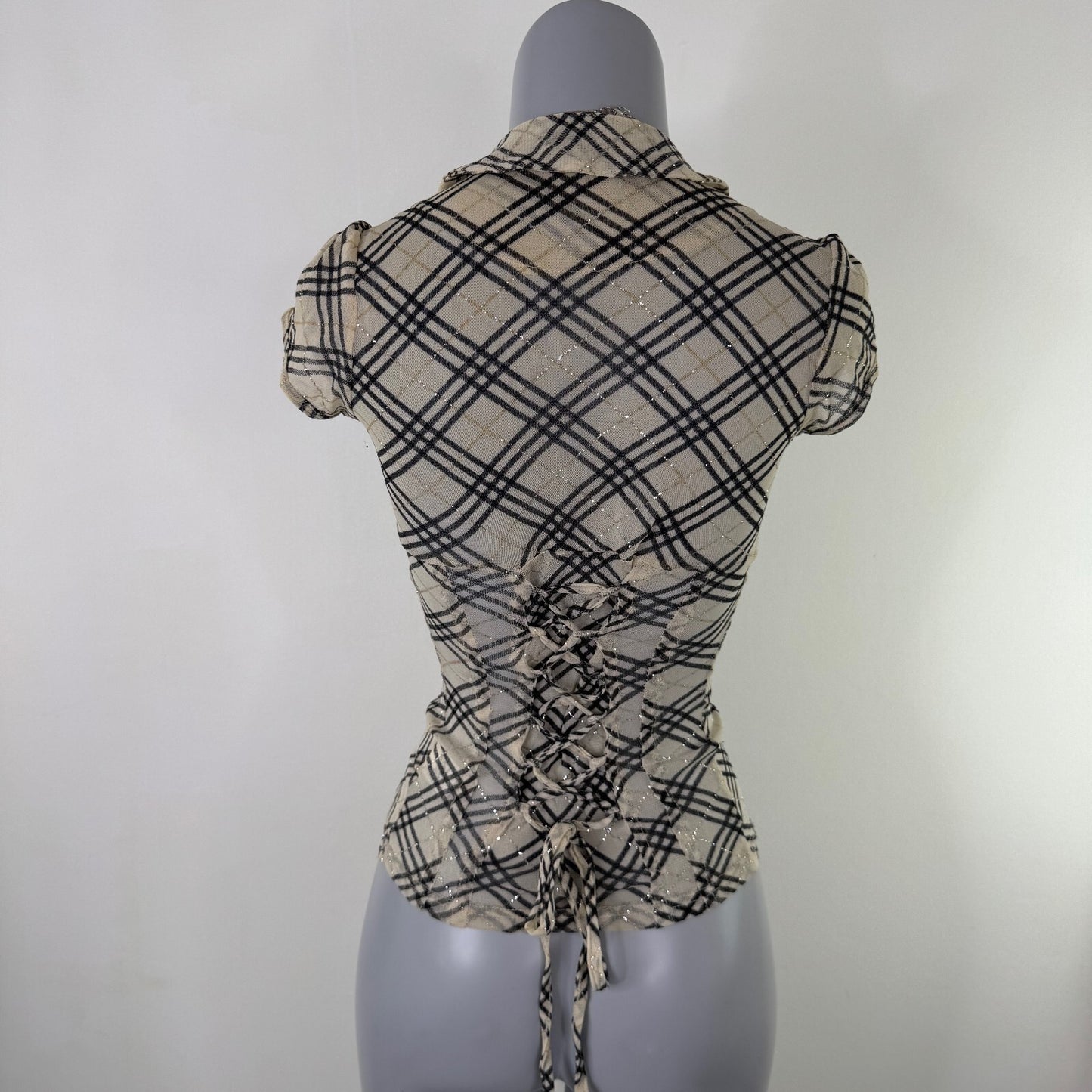 Y2K vintage Jane Norman short sleeve top mesh nova check sheer milkmaid lace up
