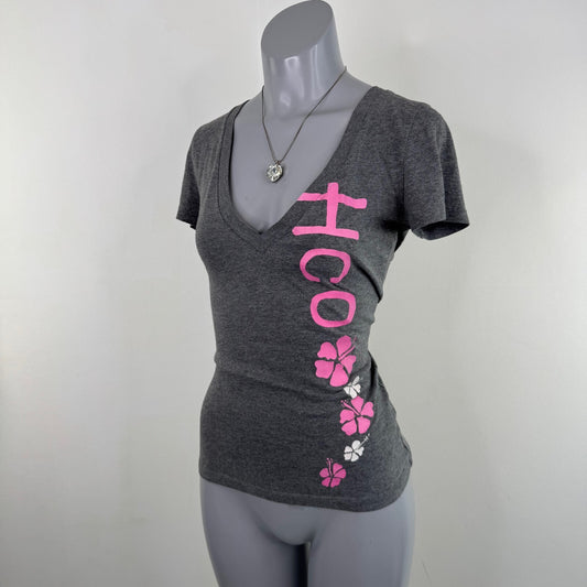 Y2K vintage Hollister t shirt short sleeve top v neck hibiscus floral fitted