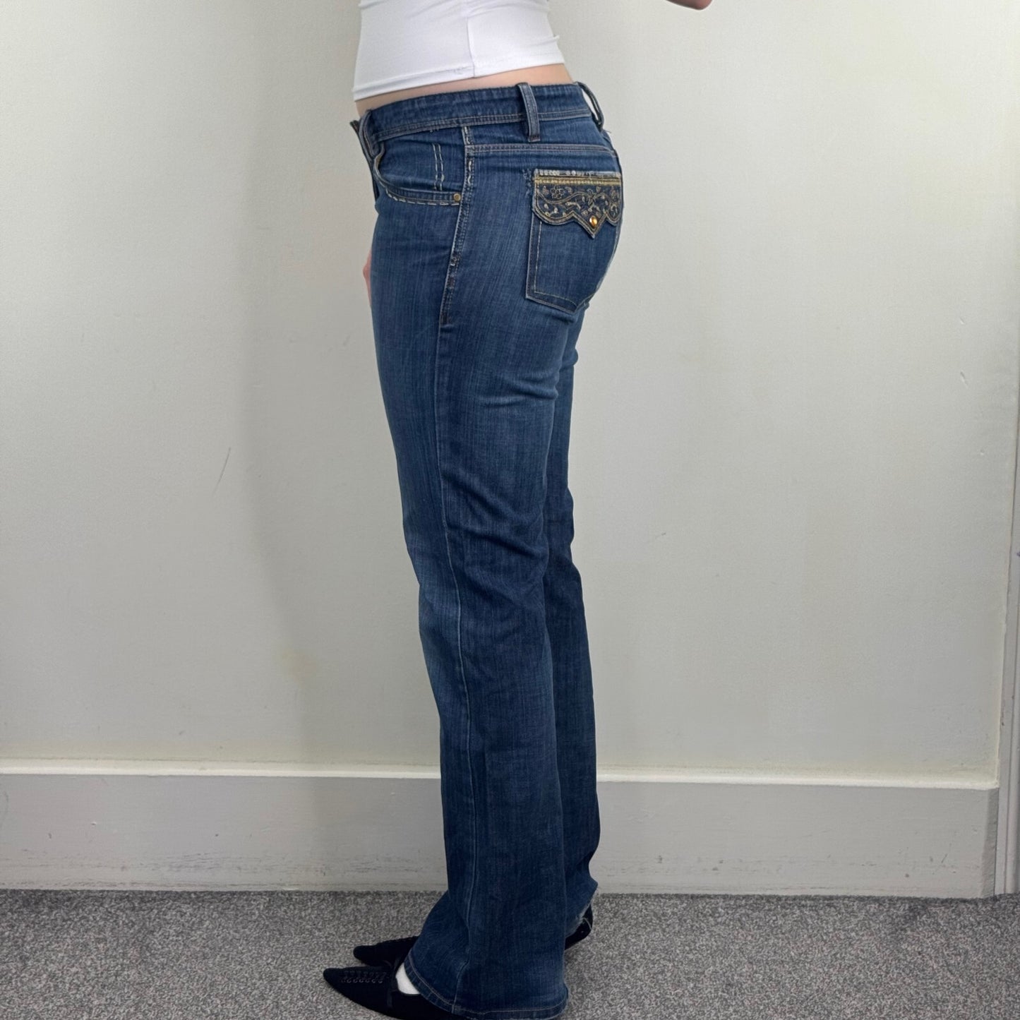 Y2K vintage bootcut denim jeans embroidery dark faded wash sequin distressed