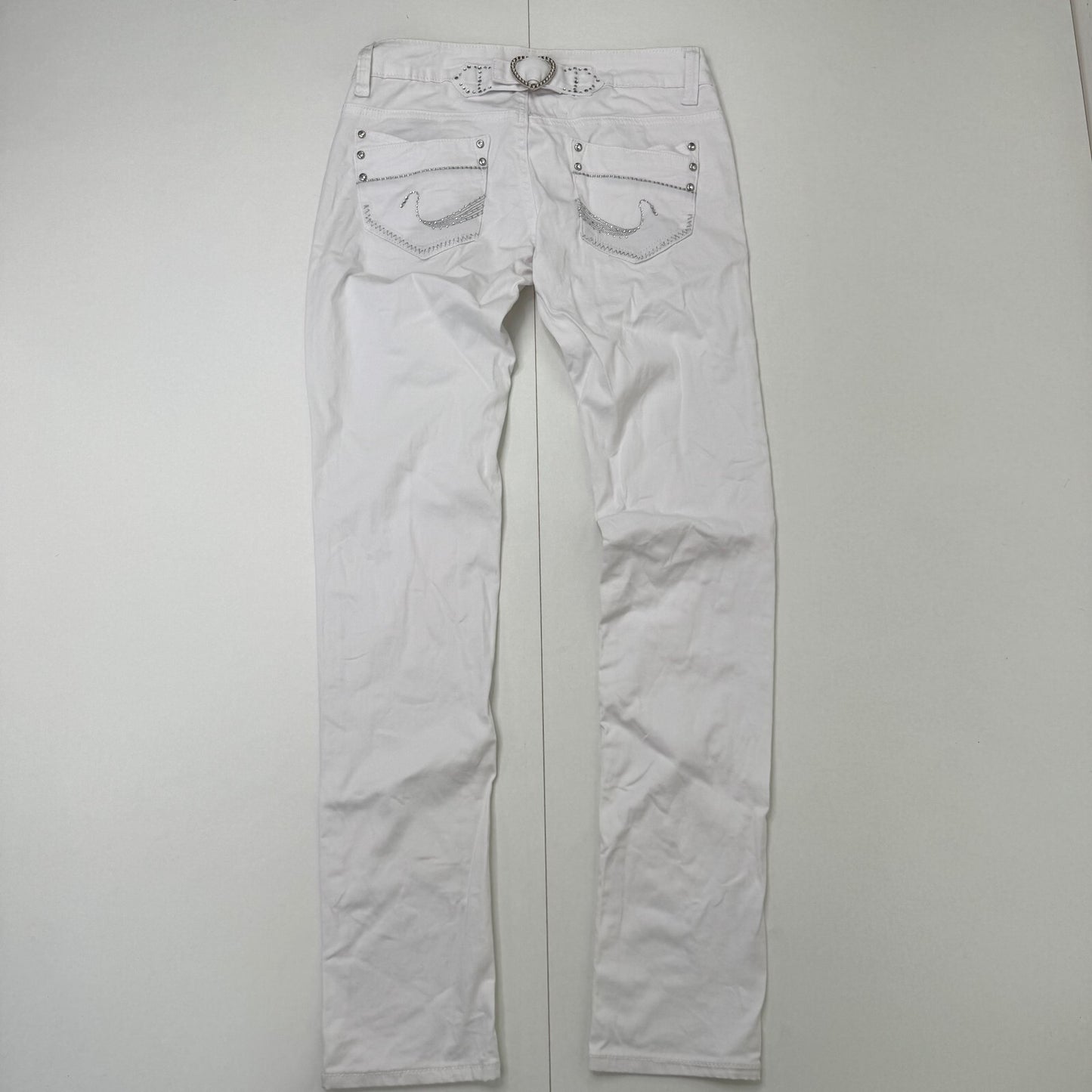 Y2K vintage low rise denim jeans straight leg rhinestone buckle stretchy