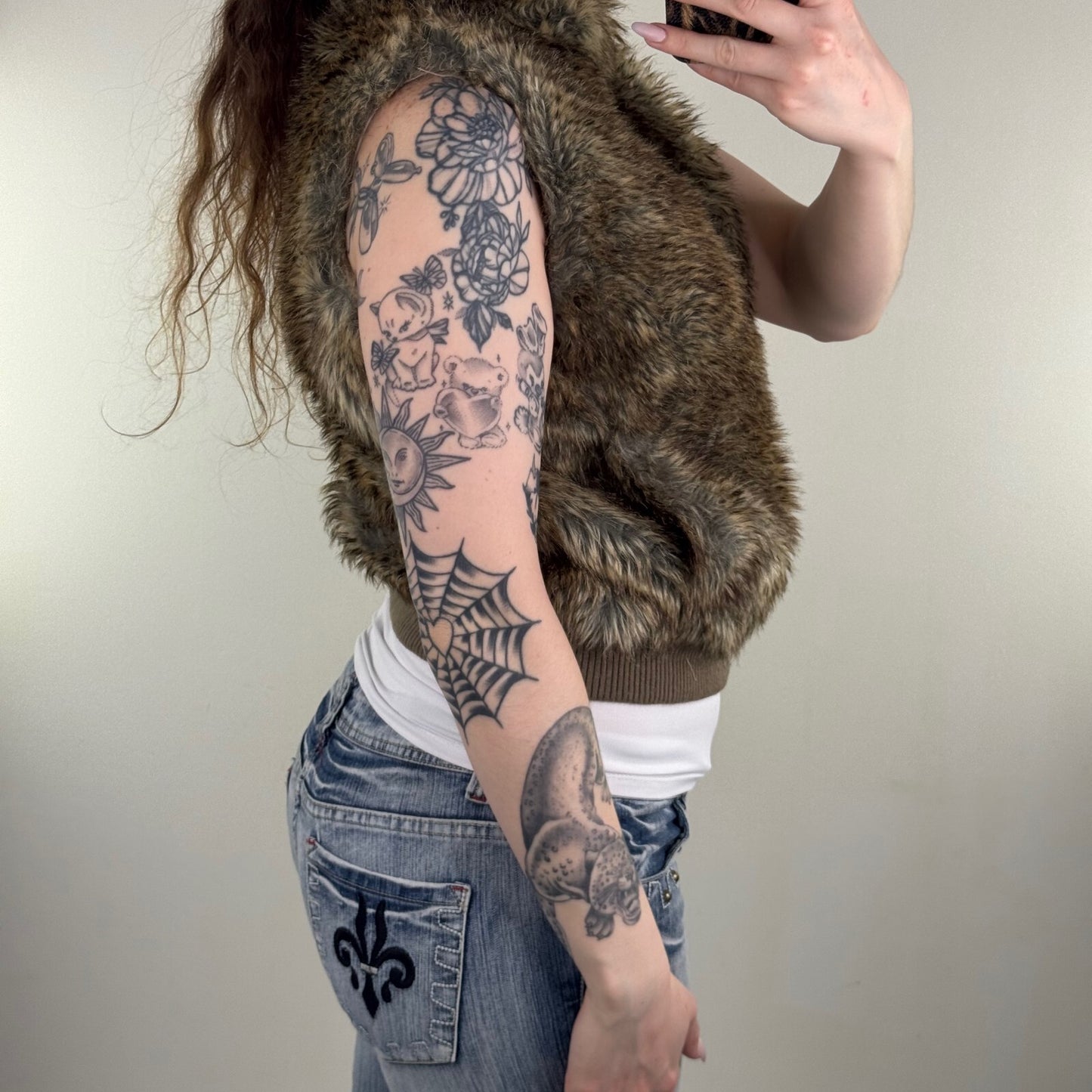 Y2K vintage faux fur gilet short bodywarmer zip up high neck suede trim brown