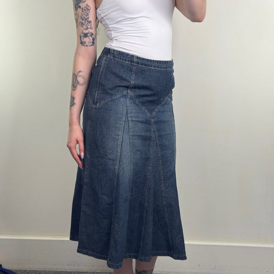 Y2K vintage denim maxi skirt a line faded blue wash gathered flowy calf length