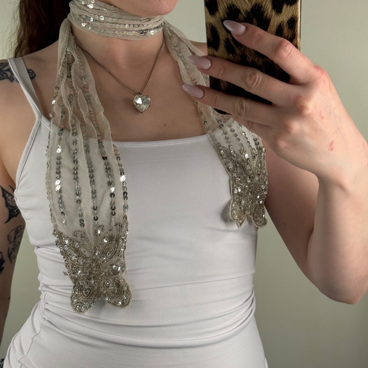 Y2K vintage scarf sheer mesh sequin butterfly short silver embellished