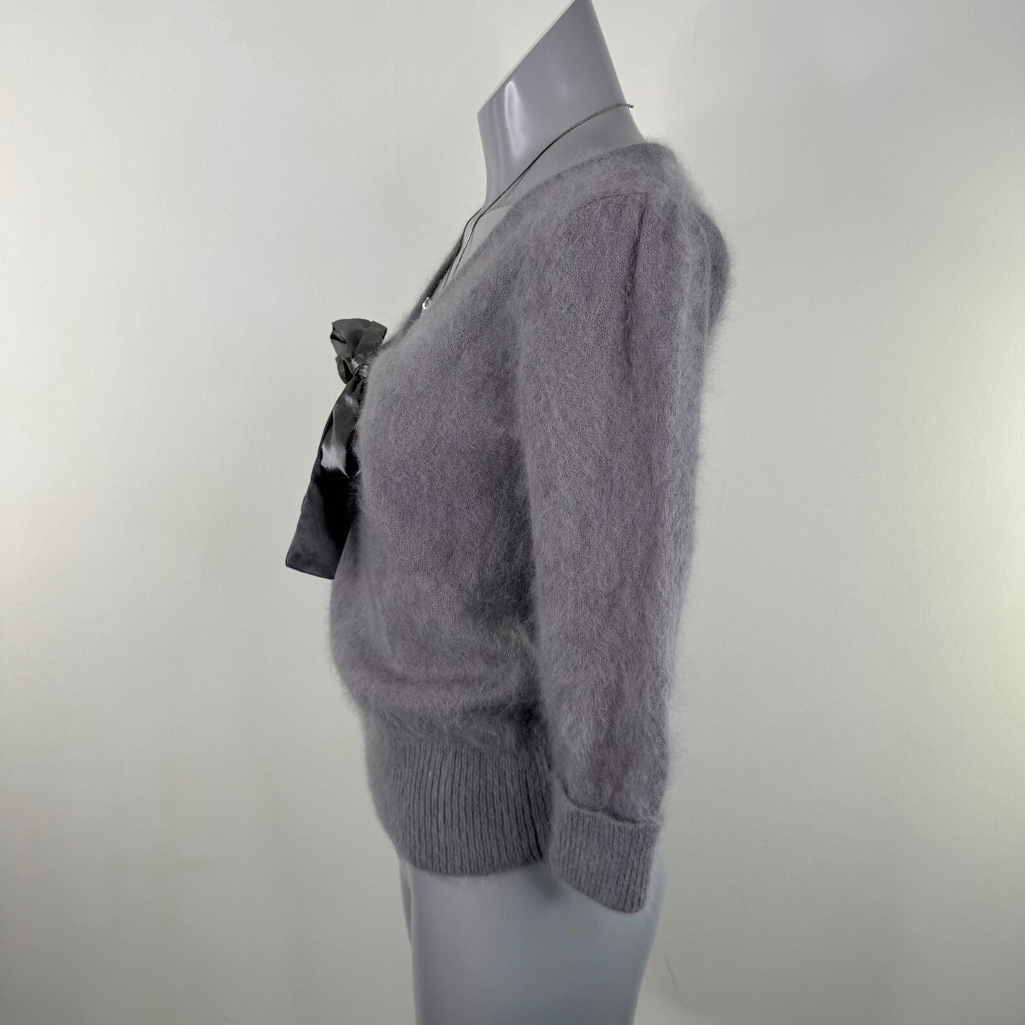 Y2K vintage angora blend jumper 3/4 sleeve knit v neck big bow grey coquette