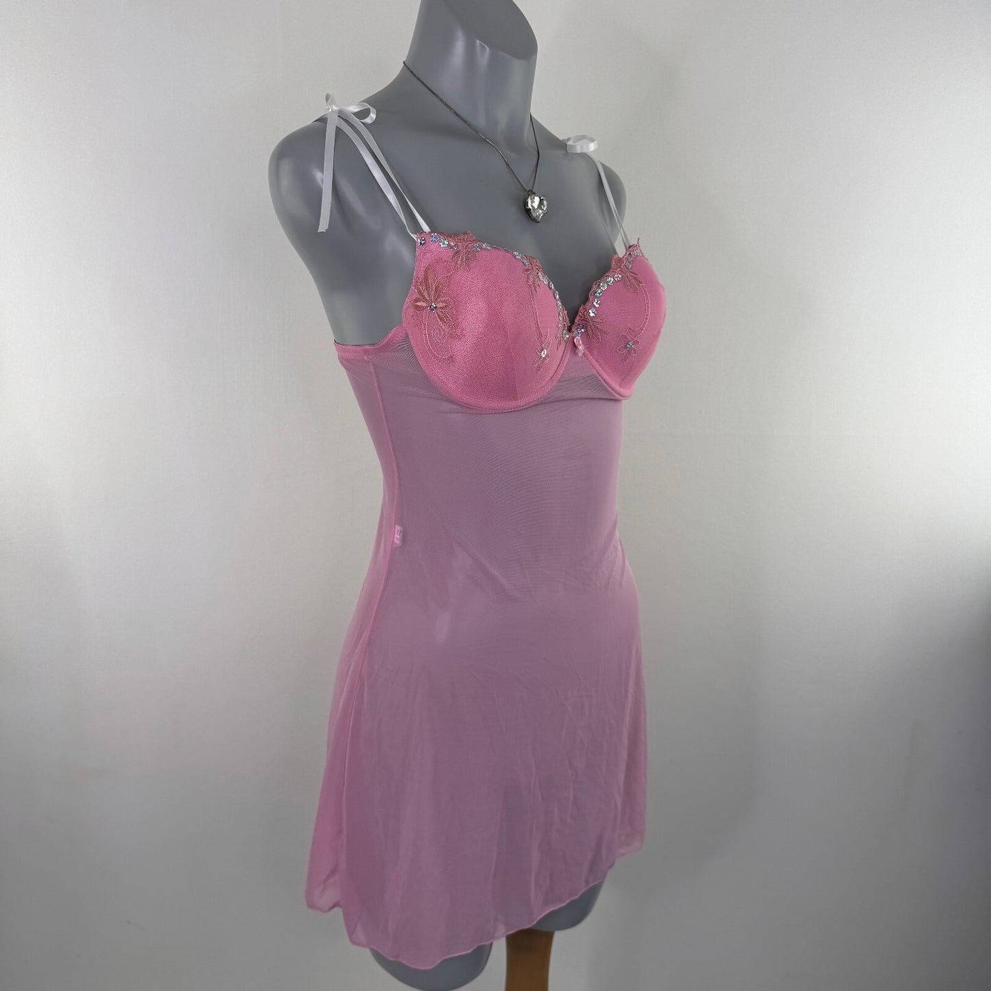 Y2K vintage mesh babydoll sequin floral embroidered mini dress sheer bow