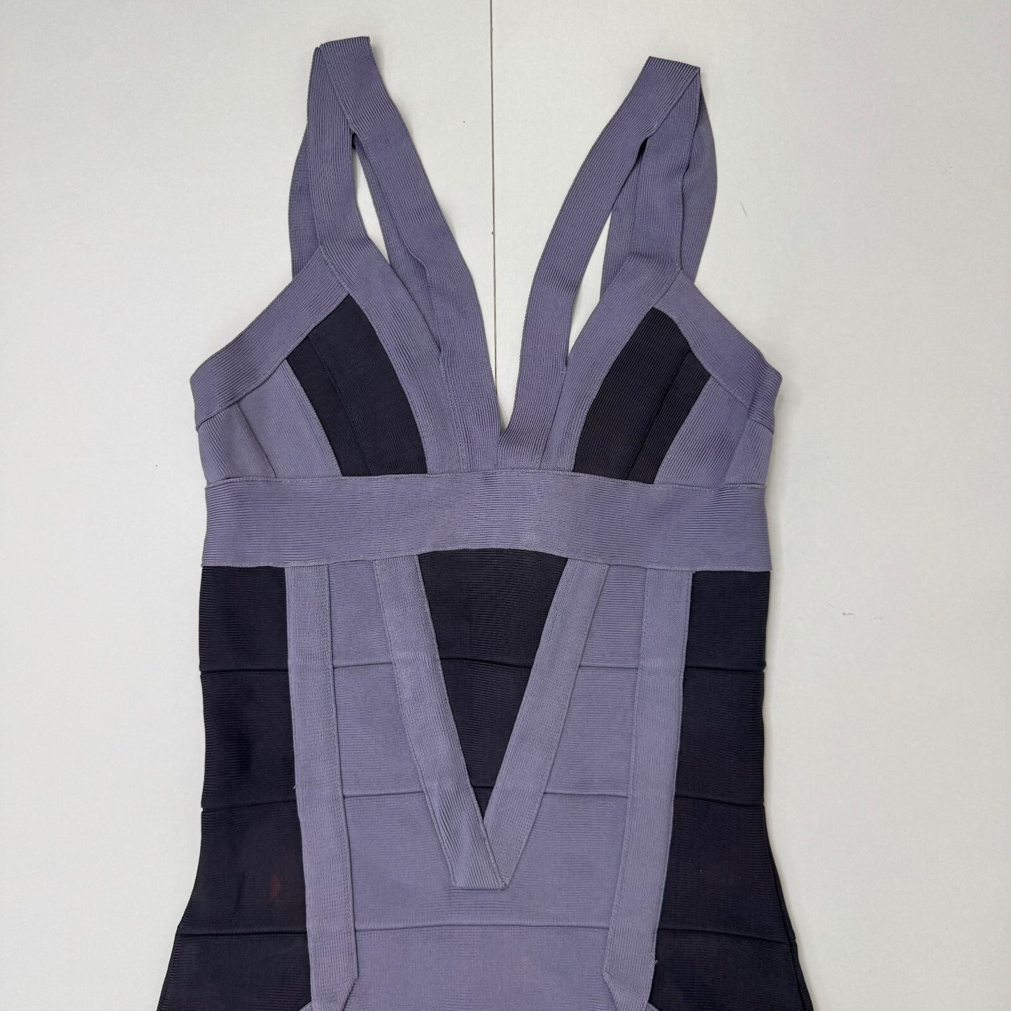 Vintage Hervé Léger bandage midi dress dusty lilac dark blue block colour