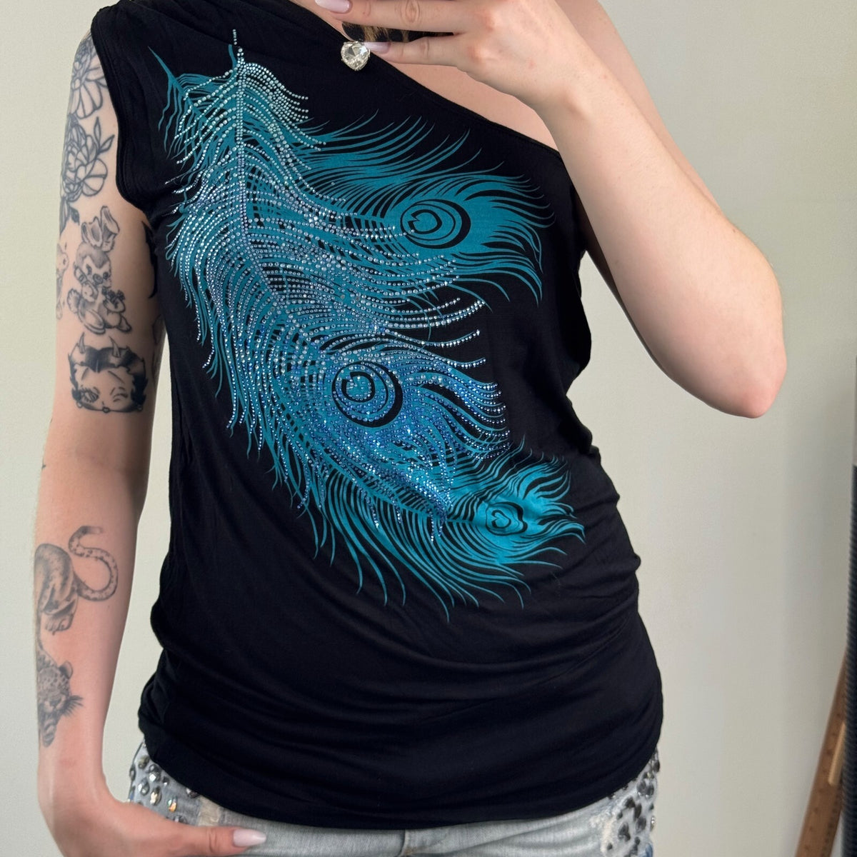 Y2K vintage Jane Norman top one shoulder short sleeve peacock feather rhinestone