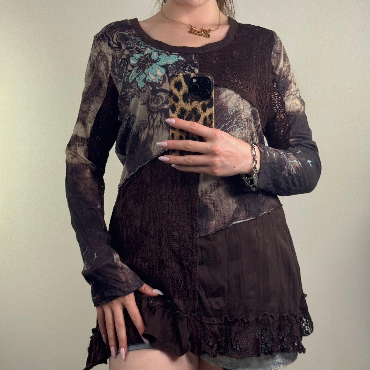 Y2K vintage long sleeve top fairy patchwork floral graphic print boho ruffle hem