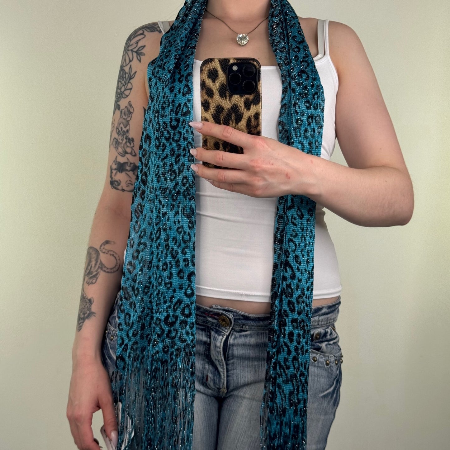 Y2K vintage scarf leopard print sparkly fringe blue black sheer knit