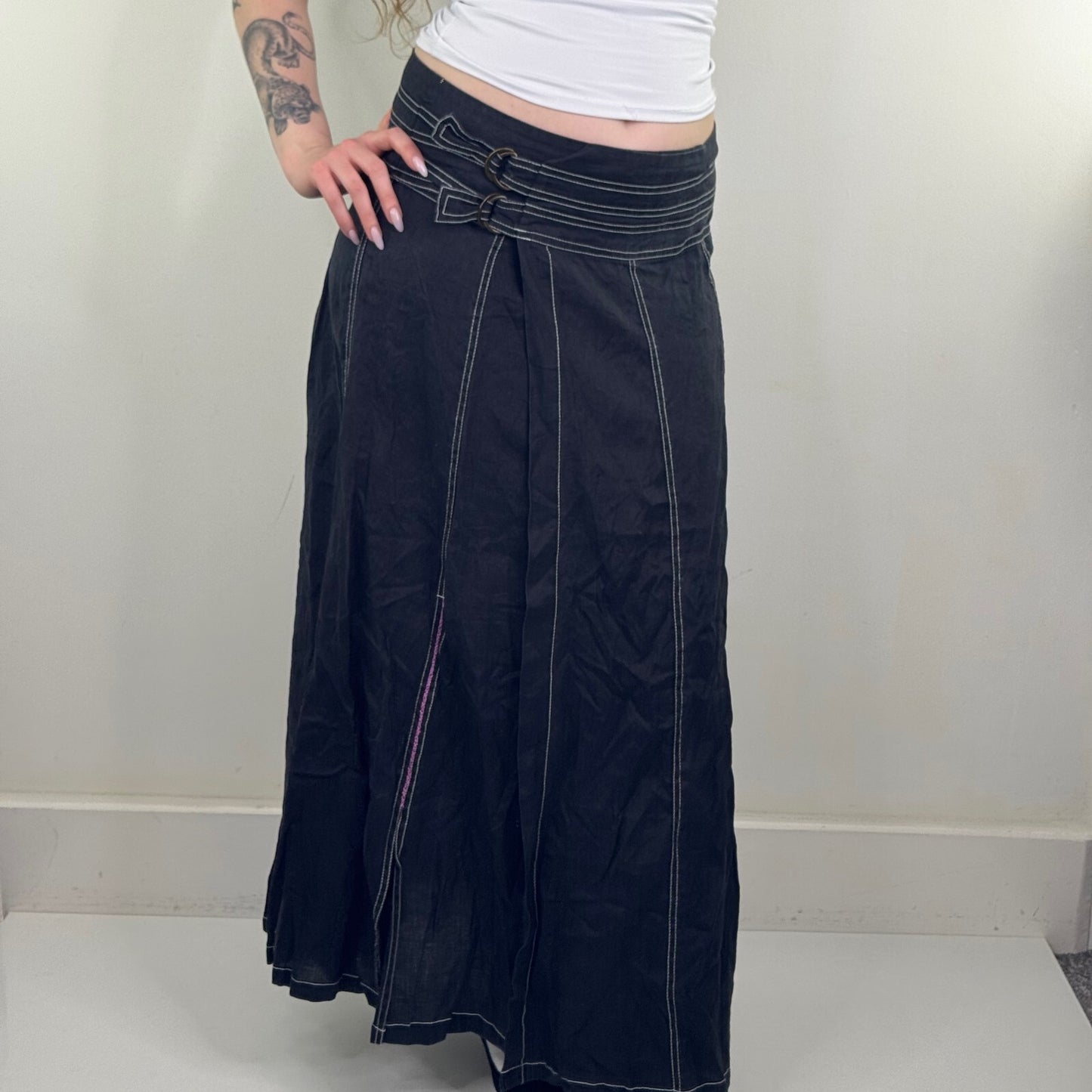 Y2K vintage 100% linen maxi skirt a line archive contrast stitch buckle