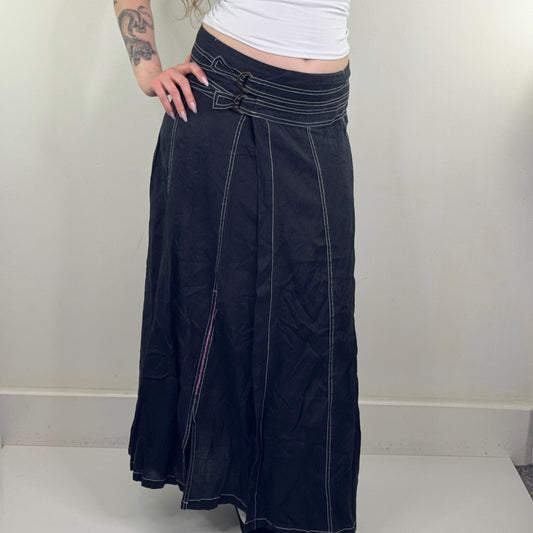Y2K vintage 100% linen maxi skirt a line archive contrast stitch buckle